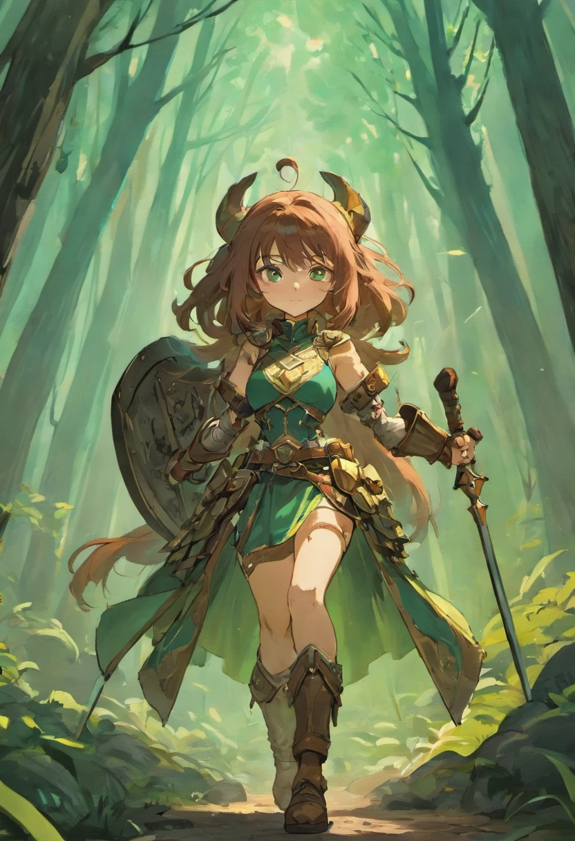 DnD female dwarf, heavy armored with exposed arms, no helmet, slightly curly long brown hair, cute nose, big green eyes, small scar on left cheek, holding a battle axe and tower shield, in a forest