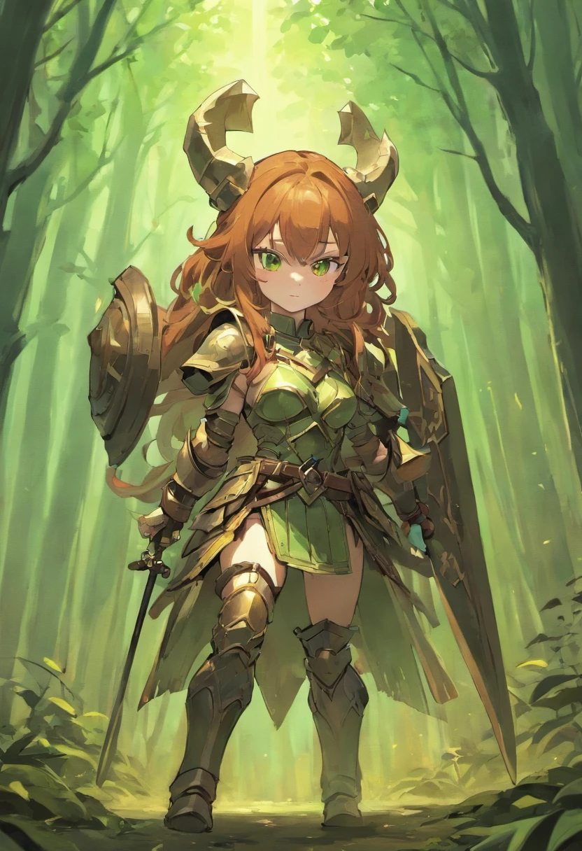 DnD female dwarf, heavy armored with exposed arms, no helmet, slightly curly long brown hair, cute nose, big green eyes, small scar on left cheek, holding a battle axe and tower shield, in a forest