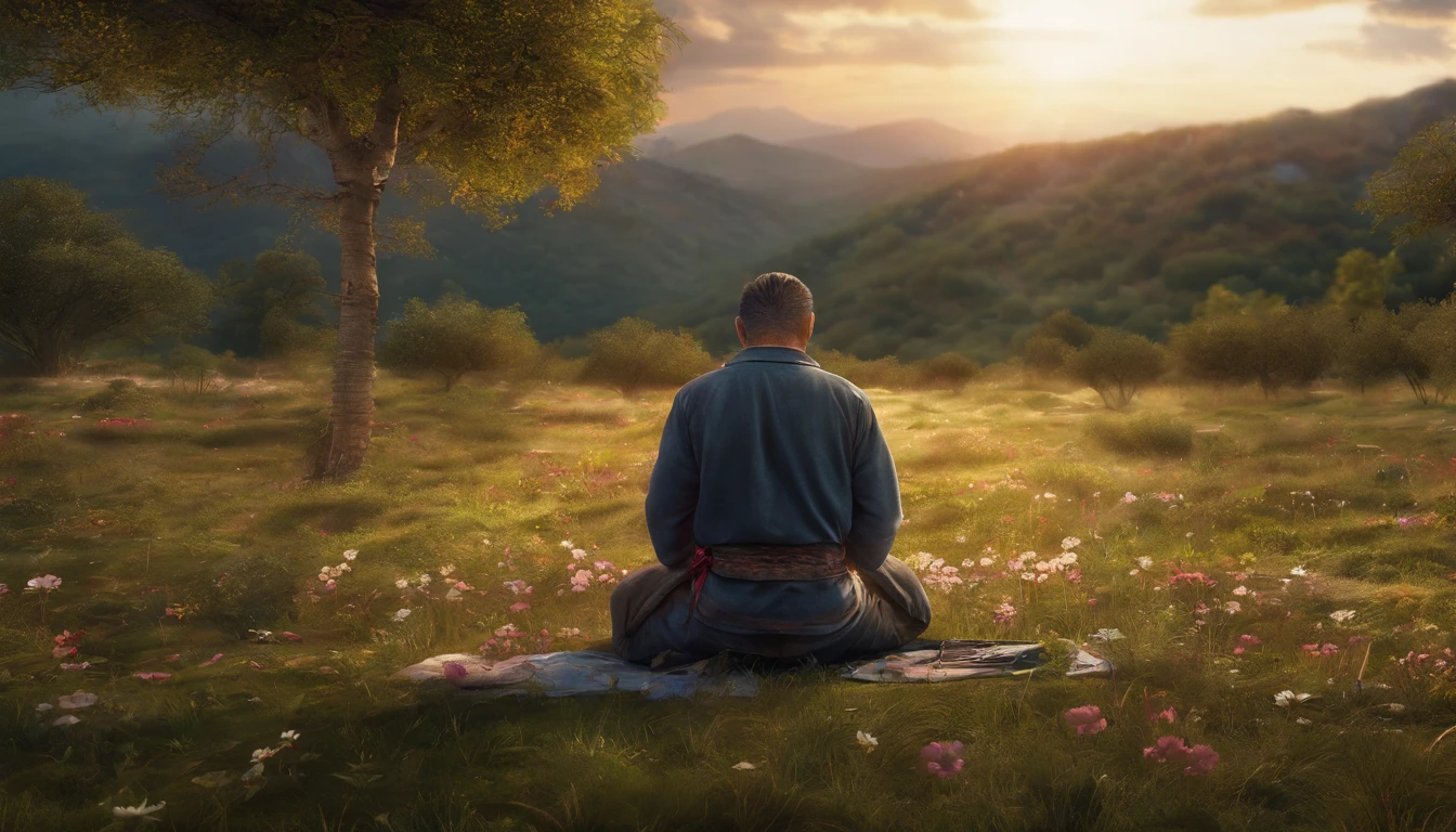 A man praying on his knees in a forest with trees in bloom, um rio ao lado, and a sunset in the background, (best quality, 4k, Alto,master part:1.2), ultra-detalhado, (Realistic,fotorrealista:1.37), HDR, vivid colors, Bokeh, Retrato, Landscape, 3D rendering, foco nítido, soft-lighting