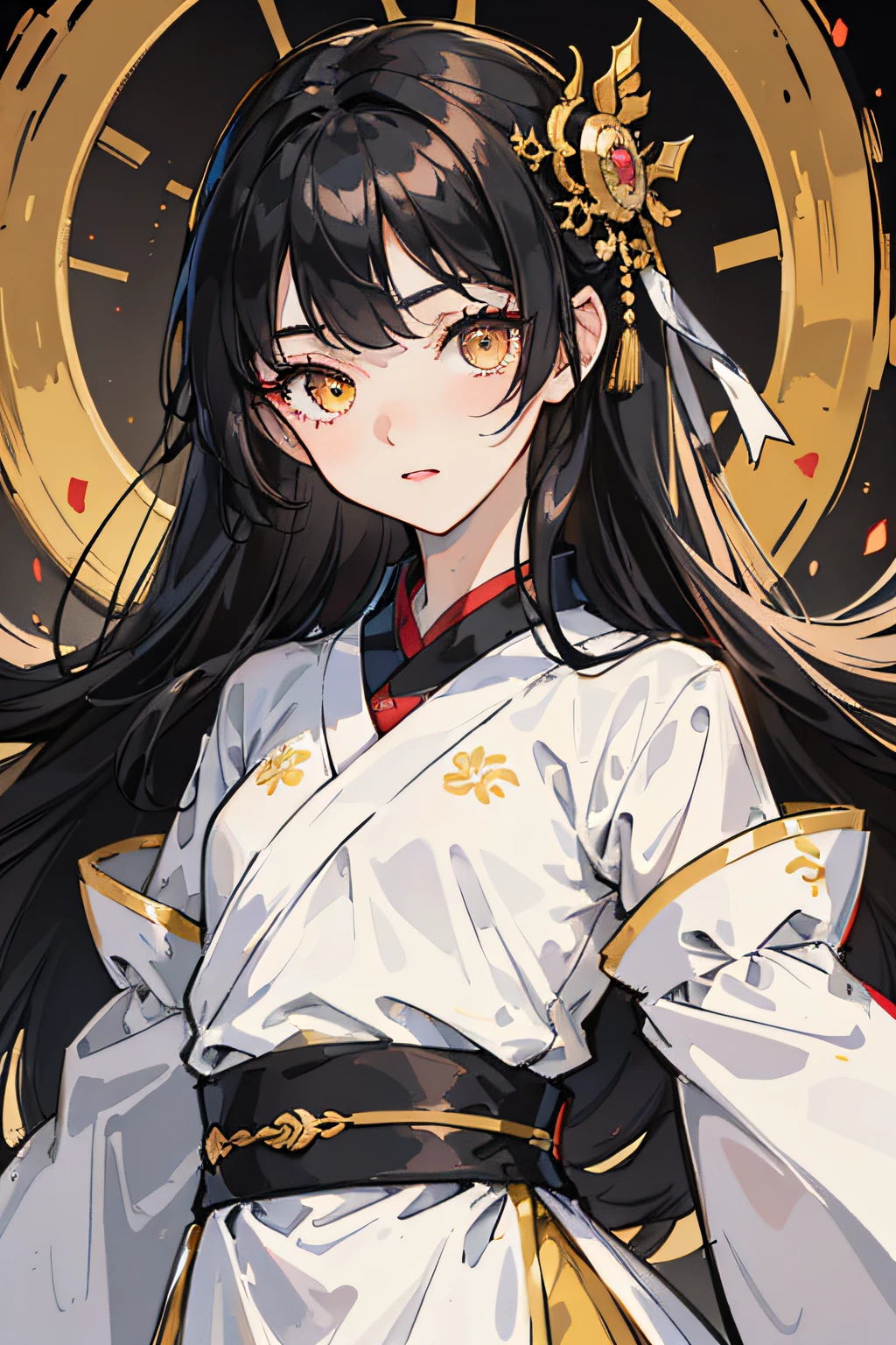 masterpiece, top quality, ultra resolution, ultra detailed, 1girl, black long hair, perfect face, ultra detailed face, golden eyes, glowing eyes, short height, petite, flat chest, white hanfu --auto