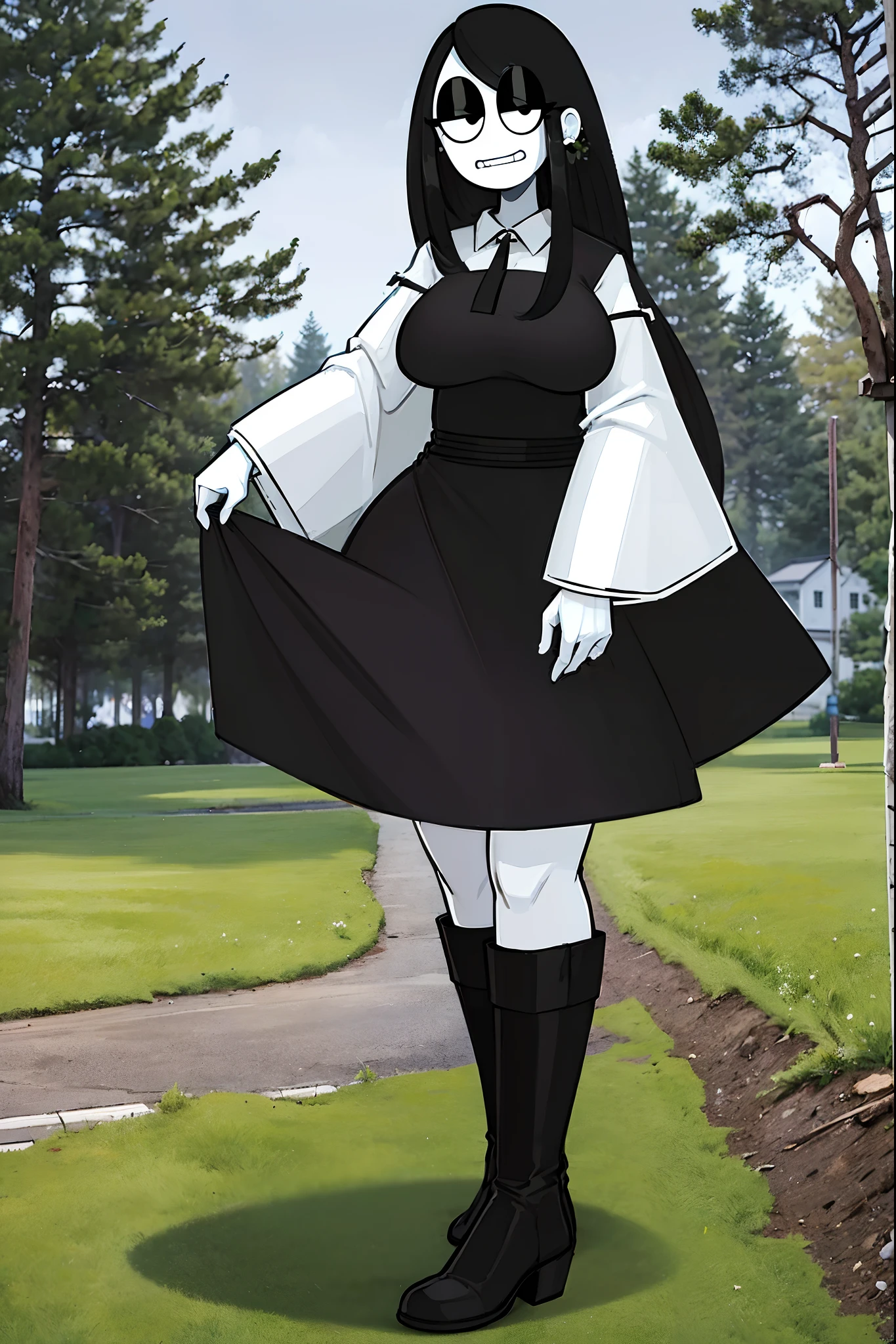 masterpiece, best quality, veronica, 1girl, sadako, black eyes, hair over eye, white dress rags:1.2), cowboy shot, zombie pose, looking at viewer, outdoor, haunted, moon, night, dark, forest, mansion, priestess, cleric, religious, dress, princess, standing, full body, forest, smile,woman-medieval-clothes, boots, forest,, long skirt, larg skirt