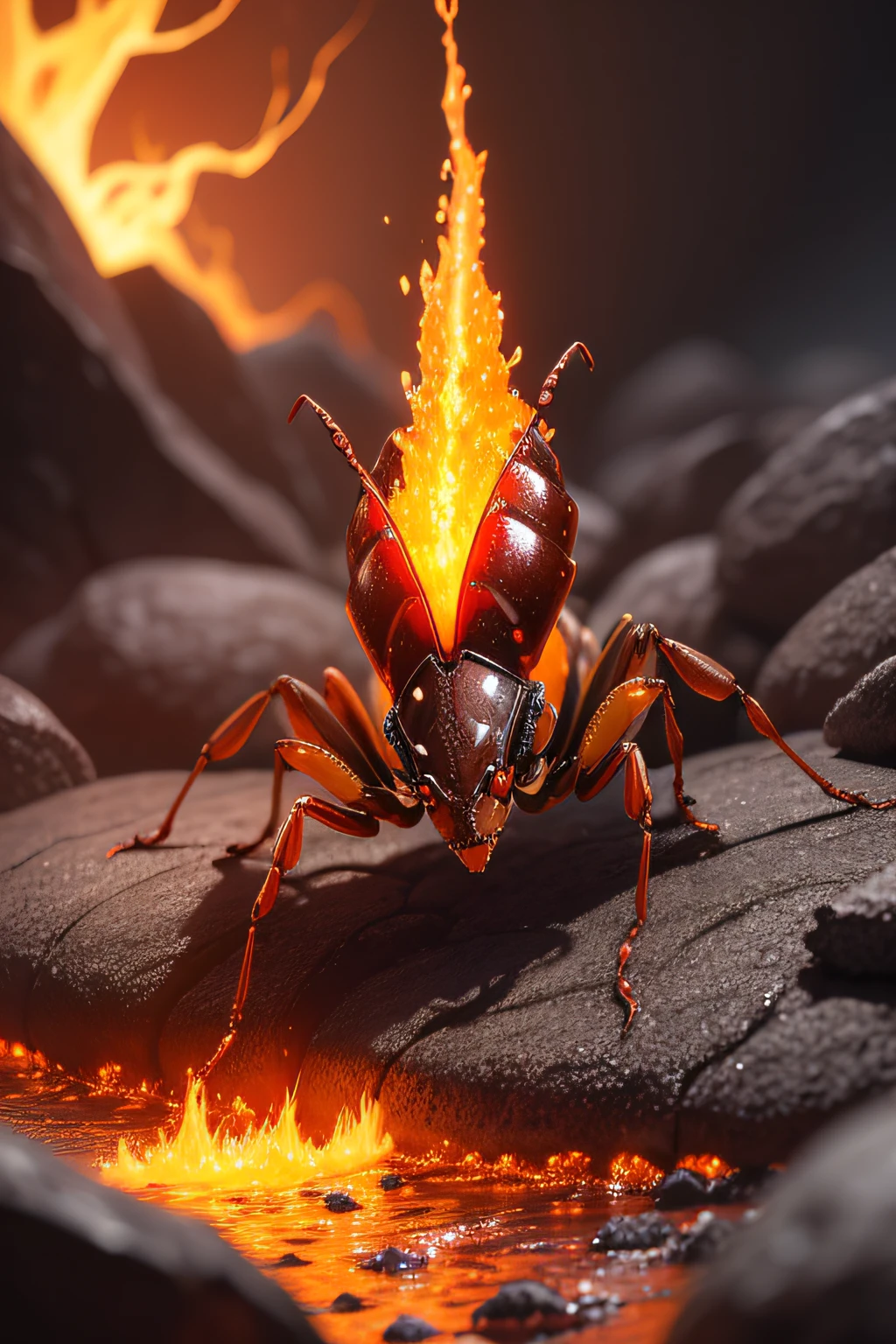 A very detailed scorpion insect walks on a lava river.