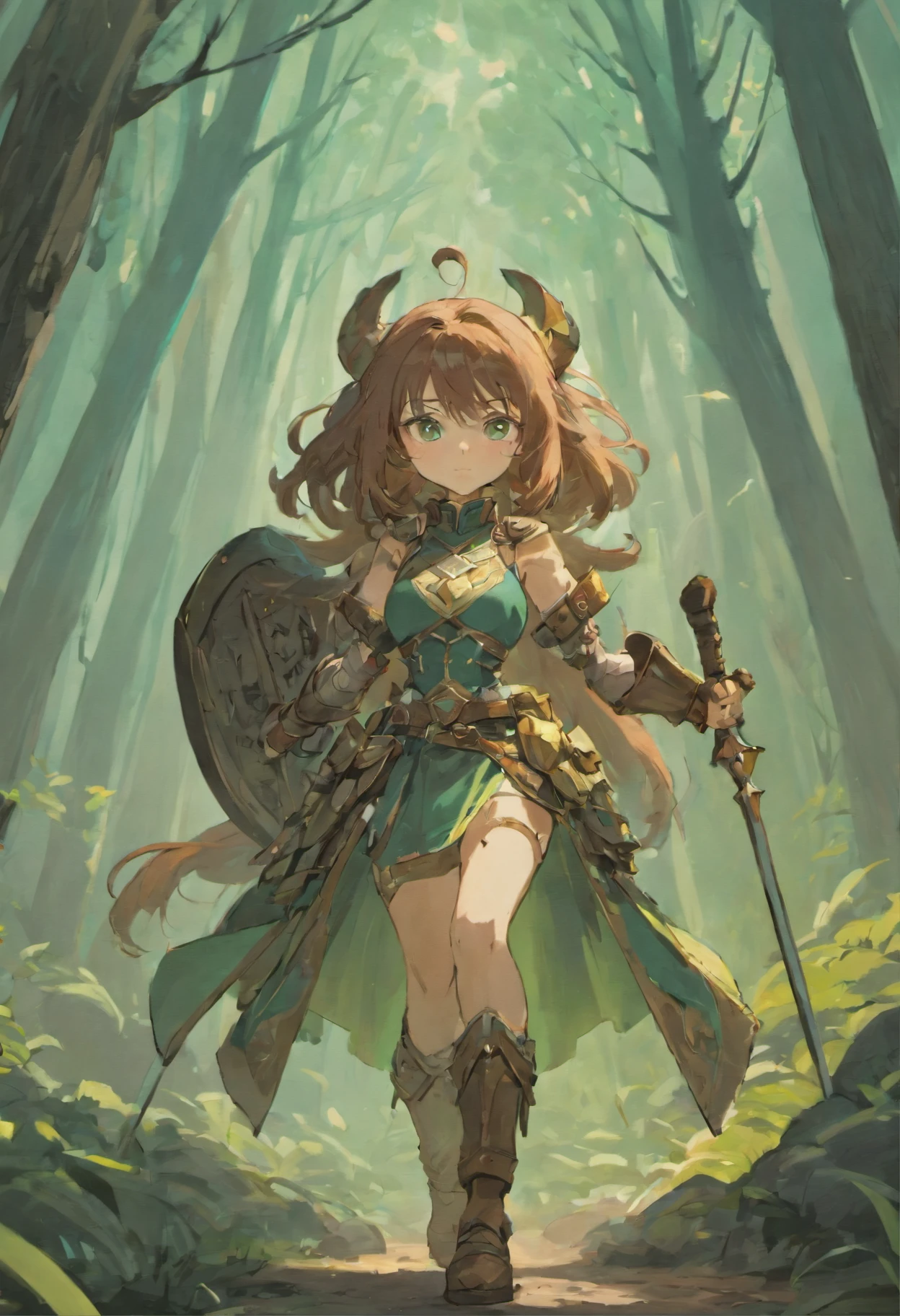 DnD female dwarf, heavy armored with exposed arms, no helmet, slightly curly long brown hair, cute nose, big green eyes, small scar on left cheek, holding a battle axe and tower shield, in a forest