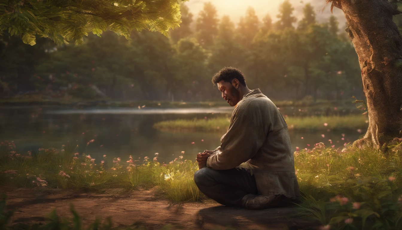 A man praying on his knees in a forest with trees in bloom, um rio ao lado, and a sunset in the background, (best quality, 4k, alto,master part:1.2), ultra-detalhado, (Realistic,fotorrealista:1.37), HDR, vivid colors, Bokeh, retrato, Landscape, 3D rendering, foco nítido, soft-lighting