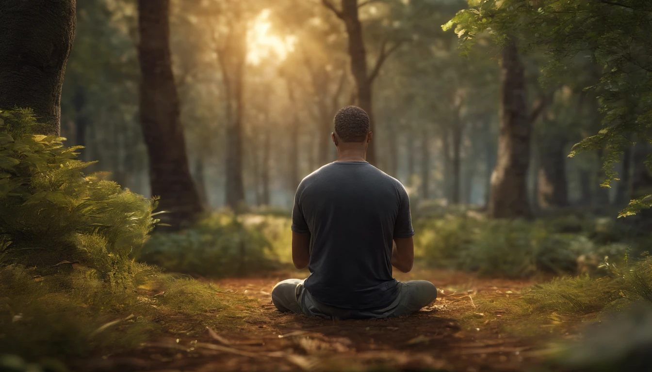 A man praying on his knees in a forest with trees in bloom, um rio ao lado, and a sunset in the background, (best quality, 4k, alto,master part:1.2), ultra-detalhado, (Realistic,fotorrealista:1.37), HDR, vivid colors, Bokeh, retrato, Landscape, 3D rendering, foco nítido, soft-lighting