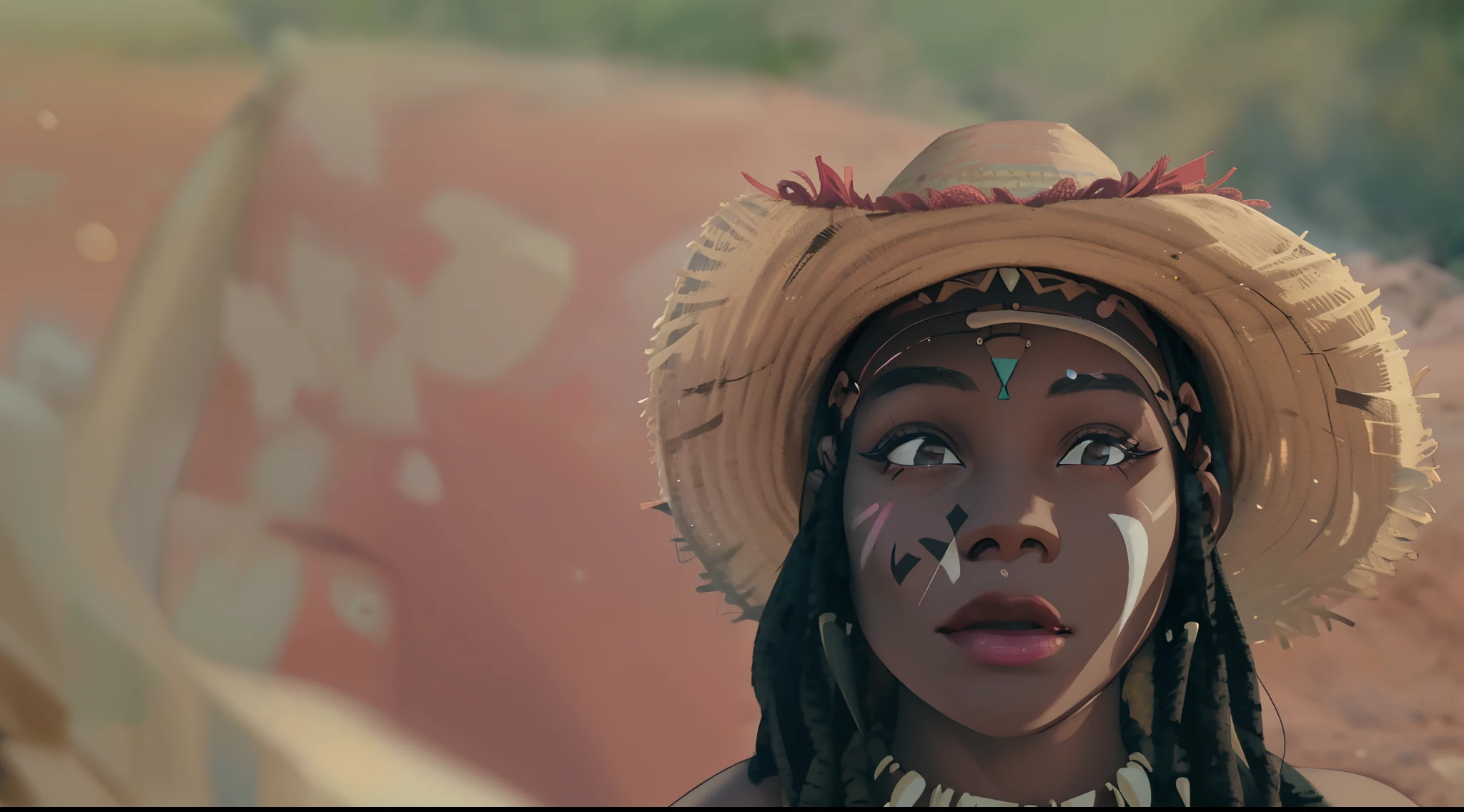 arafed Black Woman with a straw hat and face paint on, futuristic himba young woman, futuristic  girl, still from a music video, beautiful futuristic himba woman, himba, a young female shaman, african facial features, still from the film, still from a fantasy movie, african woman, still from the movie, witch - doctor