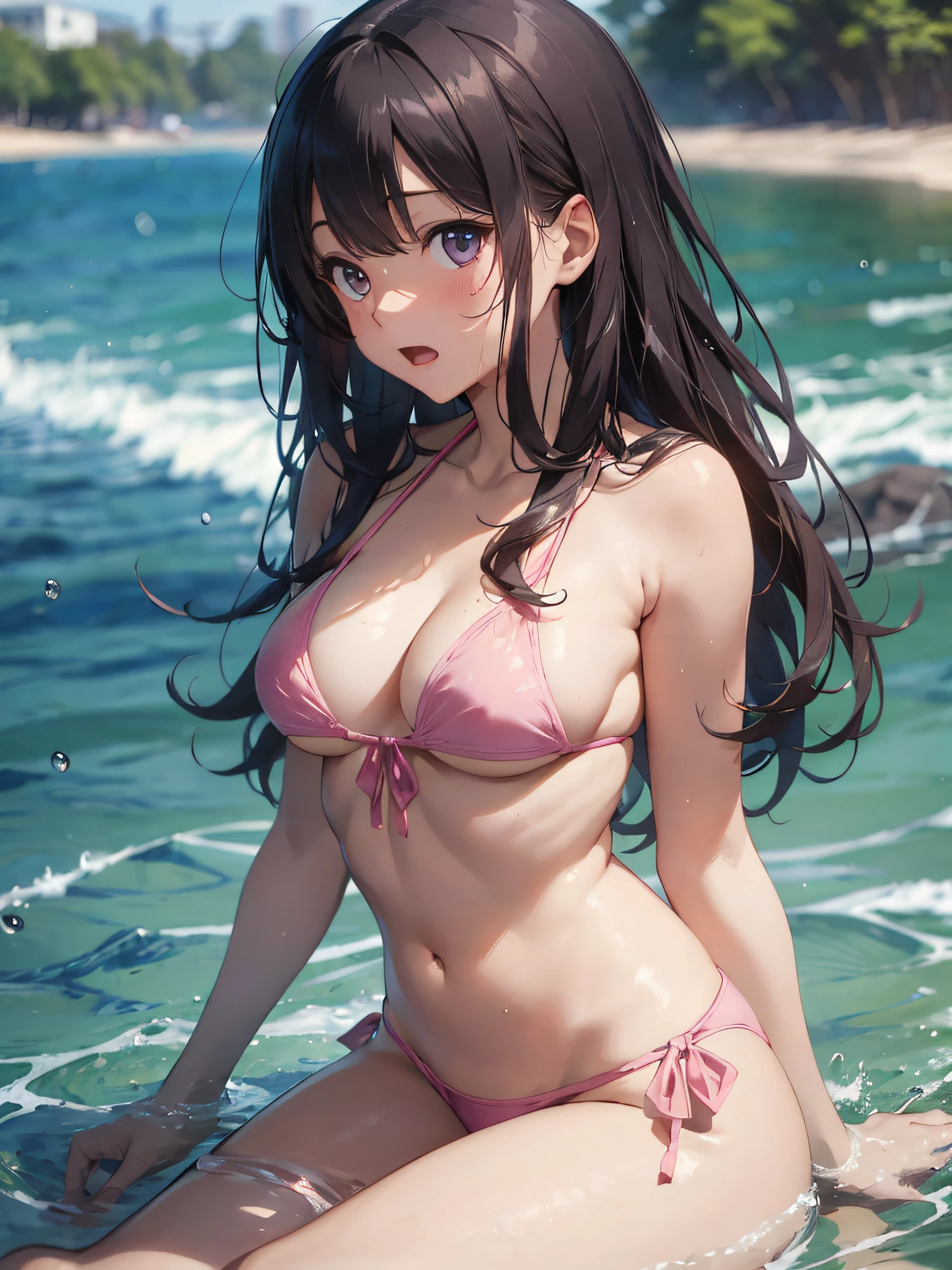 (masterpiece:2.0), (top-quality:2.0), (sitting naked in the sea:1.5), (the bikini thong has come off :1.5), (extremely small see-through pink thong bikini:1.5), (super sexypose:1.5), (view from the side:1.5), (blushed face:1.3), (super thin fabric:1.5), (Spilling boobs:1.4), (realistic:1.5), naked, 1 , extremely cute girl, precise small hands, Embarrassed look, Look at me and surprised face, open mouth, innocent face, young face, Clear eyes, Shining eyes, small breast, under the boobs, side boob is visible, shoulder is visible, Tummy is visible, cleavage of the breast is visible, stomach is visible, the lower abdomen is visible, The buttocks is visible, The crotch is visible, No pubic hair, dynamic posing, The beautiful skin, ultra-definition, Top resolution, japan high school student, brown hair,