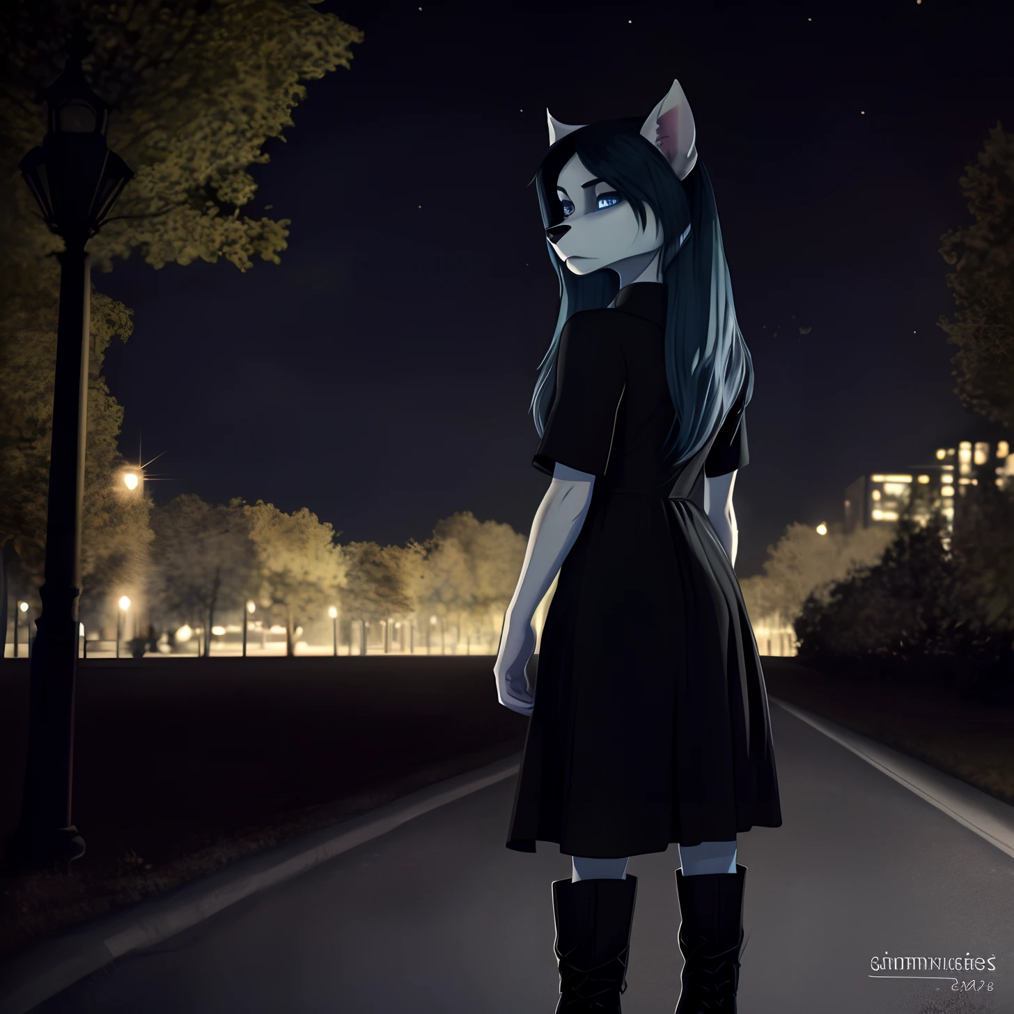 [Claire (the summoning)], [Uploaded to e621.net; (Pixelsketcher), (wamudraws)], ((masterpiece)), ((solo portrait)), ((front view)), ((full body)), ((furry; anthro)), ((detailed fur)), ((cel shading)), ((detailed shading)), ((beautiful render art)), {anthro, white fur, black nose, long blue hair, dark blue slit eyes, (expressionless), (hair flowing in wind), (dress flowing in wind)}, {(short short-sleeve white-collared black dress), (goth boots)}, {(standing), (hands at sides), (looking back)}, [background; (park), (windy), (nighttime lighting)]