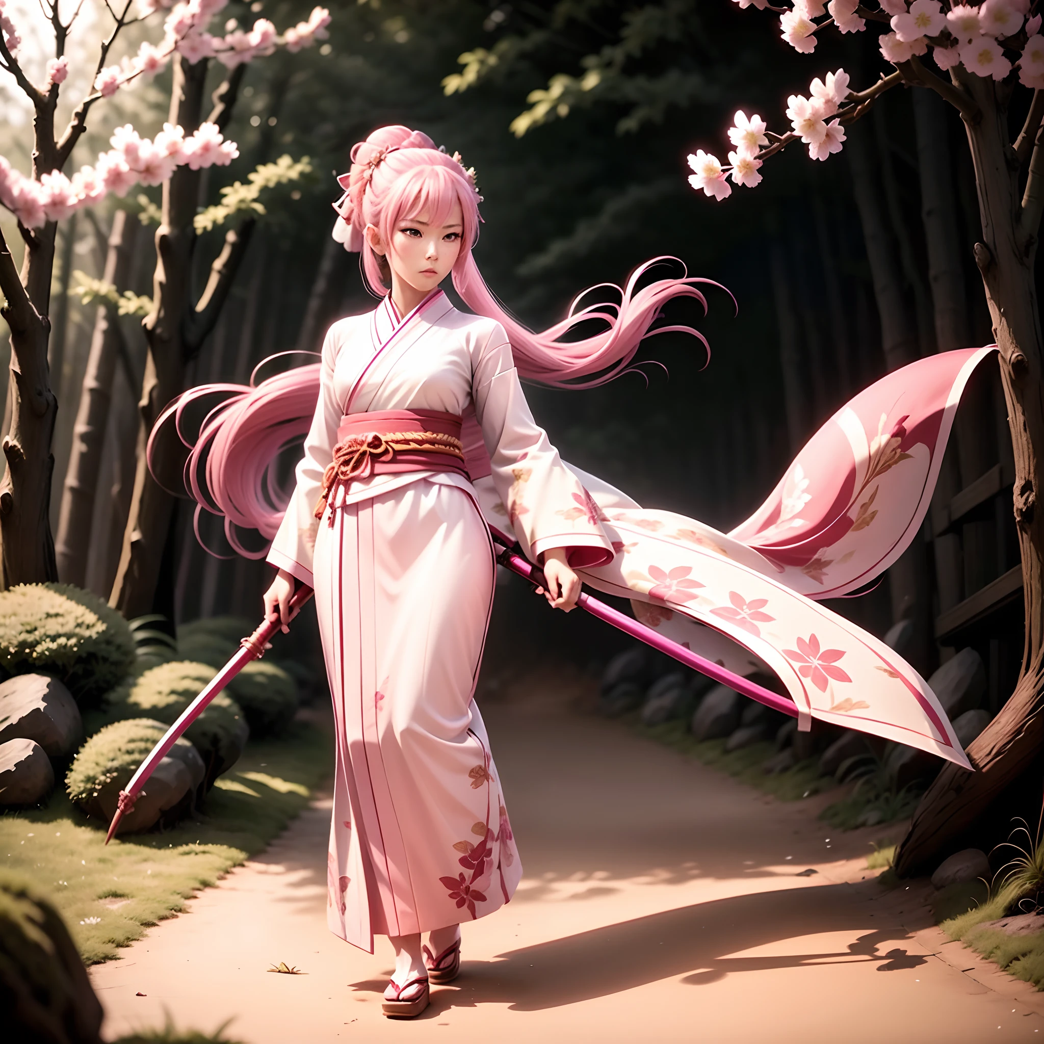 Style Feminine Flower Samurai Chibi. She is a graceful figure, Elegant bun with pink hair、Silk kimono decorated with cherry blossom print. Her sword, Decorated with petals on the handle, It is an extension of her connection to nature, Eta、She took advantage of the mastery of the wind、Creates a strong wind of petals during battle.
