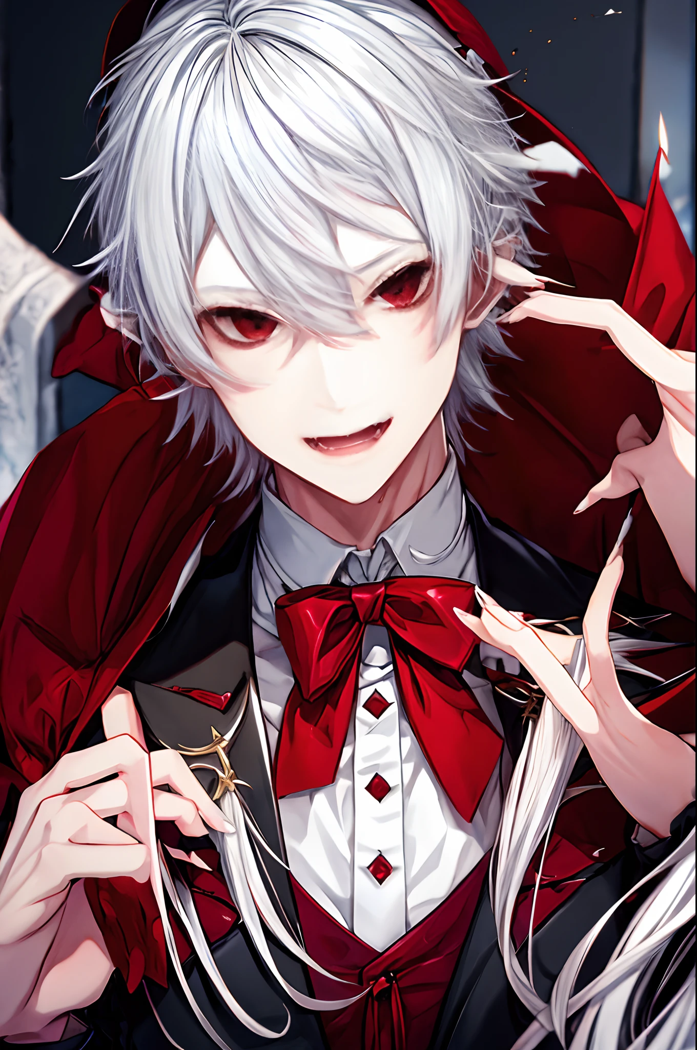 Litter is、Nijisanji、Nijisanji、Vampire Photos、​masterpiece、4K works、man with white hair、Vampire Man、((Solo Photography))、((Only 1 person))、Vampire costume