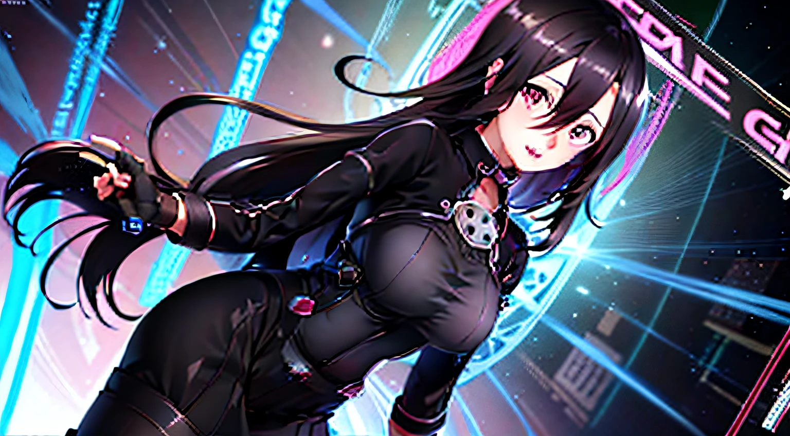 anime girl with long black hair and a gun in her hand, best anime 4k konachan wallpaper, hana yata, smooth anime cg art, kirito, high detailed official artwork, anime visual of a cute girl, hanayamata, anime best girl, female action anime girl, anime girl wearing a black dress, seductive anime girl, hq artwork