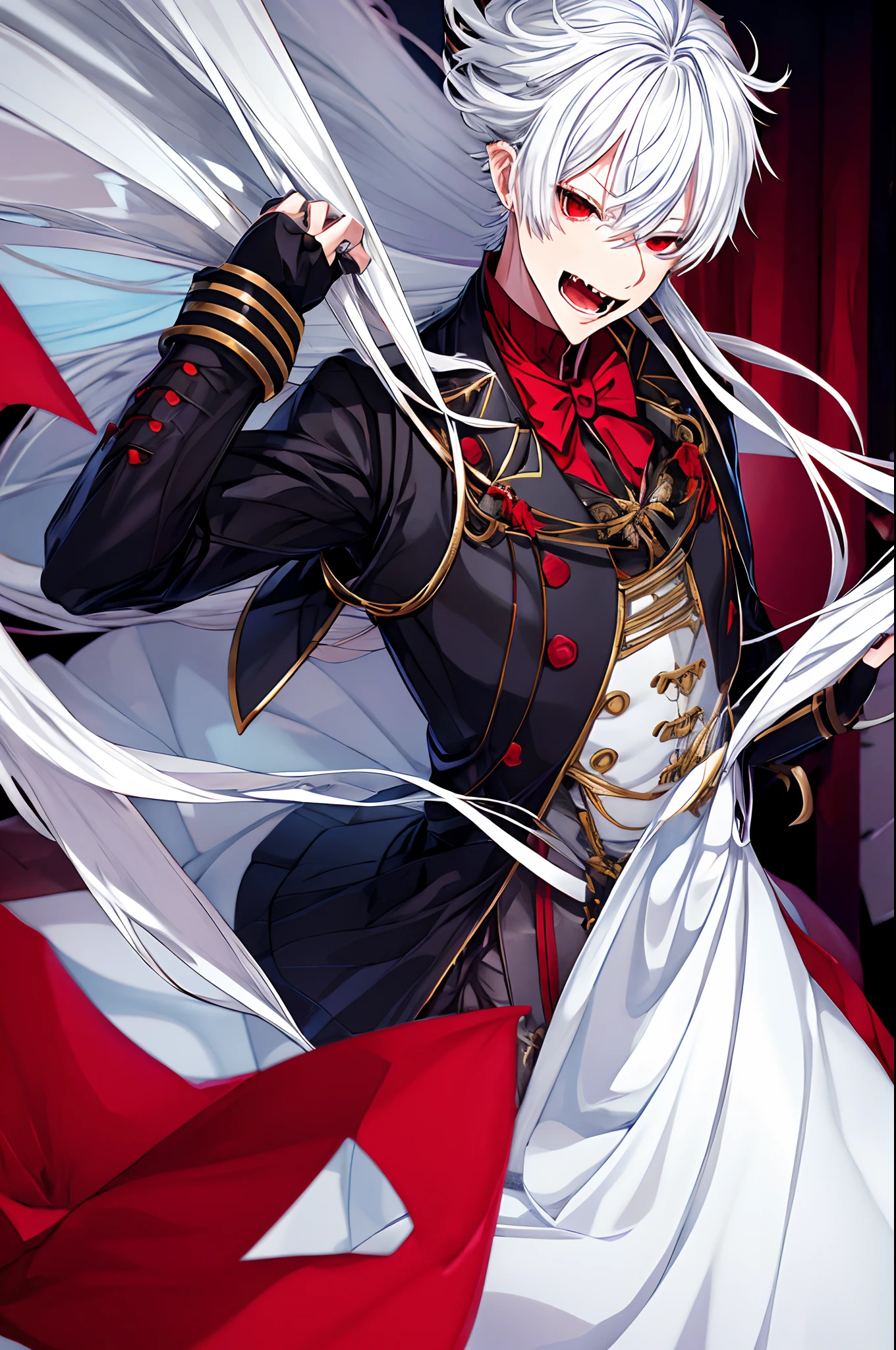 Kuzuha、kuzuha、Nijisanji、Nijisanji、Vampire Photos、masterpiece、4K works、man with white hair、Vampire Man、((Solo Photography))、((Only 1 person))、Vampire costume、Fangs grow