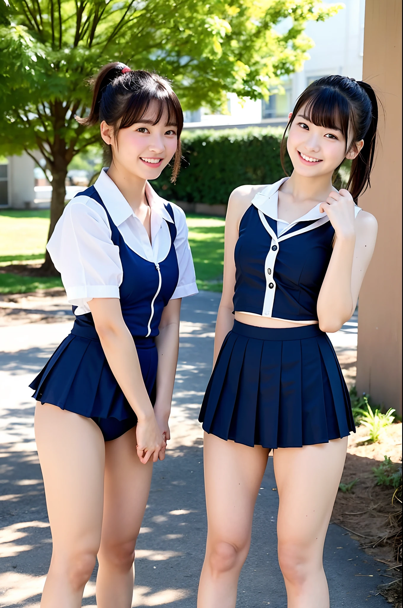 2 girls standing in school yard,school swimsuit with skirt-style ruffles,18-year-old,bangs,a little smiles,thighs,crotch,knees,short cut hair,ponytail,from below
