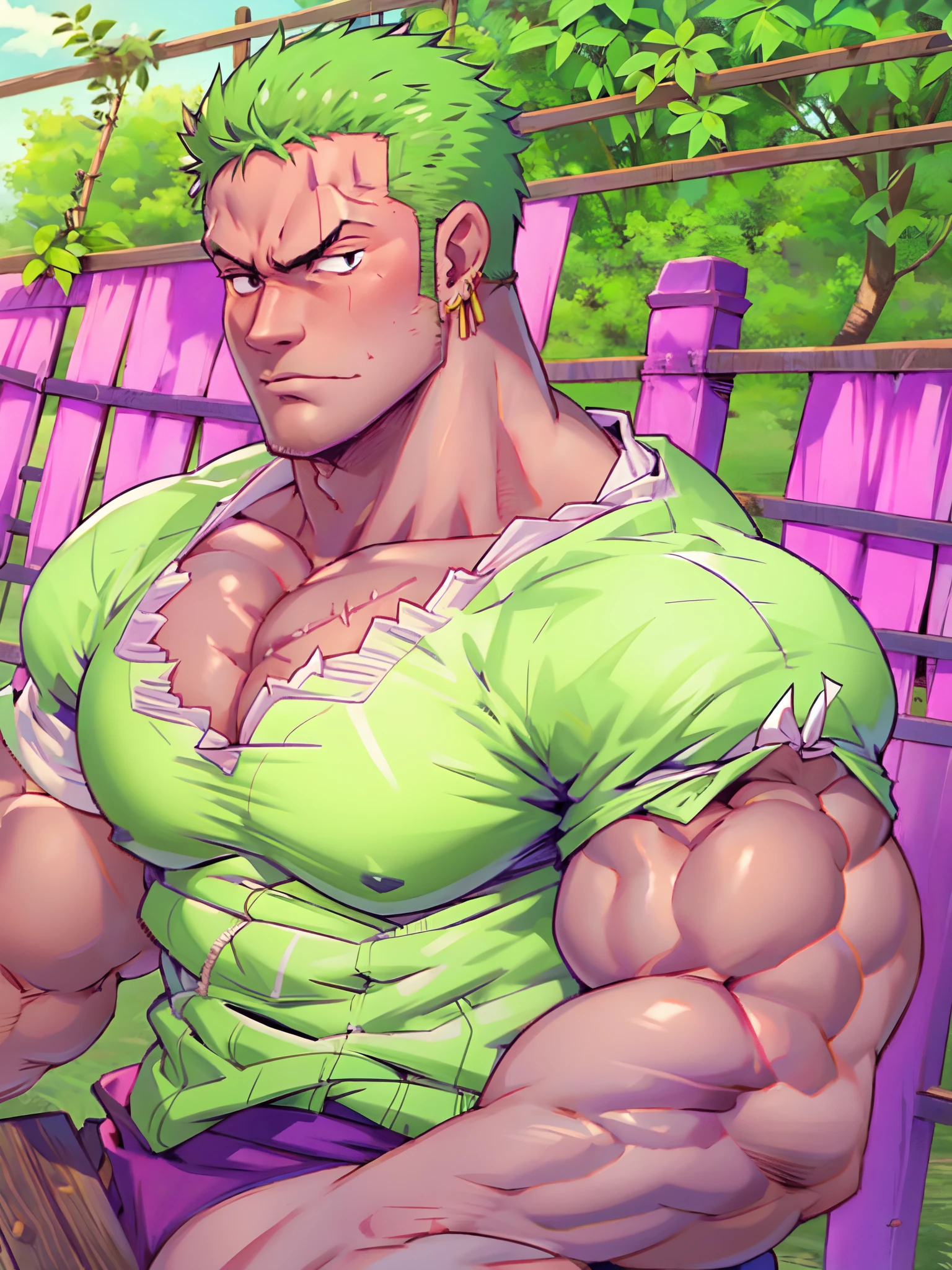 ((Anime style art)), Extremely muscular masculine character, dancer, 700-foot-tall giant, green hair, brown skin, vines, bark pattern , skyscraper
AS . Main character from the anime, superhero, Nice image, Hard drive, 4k, Main