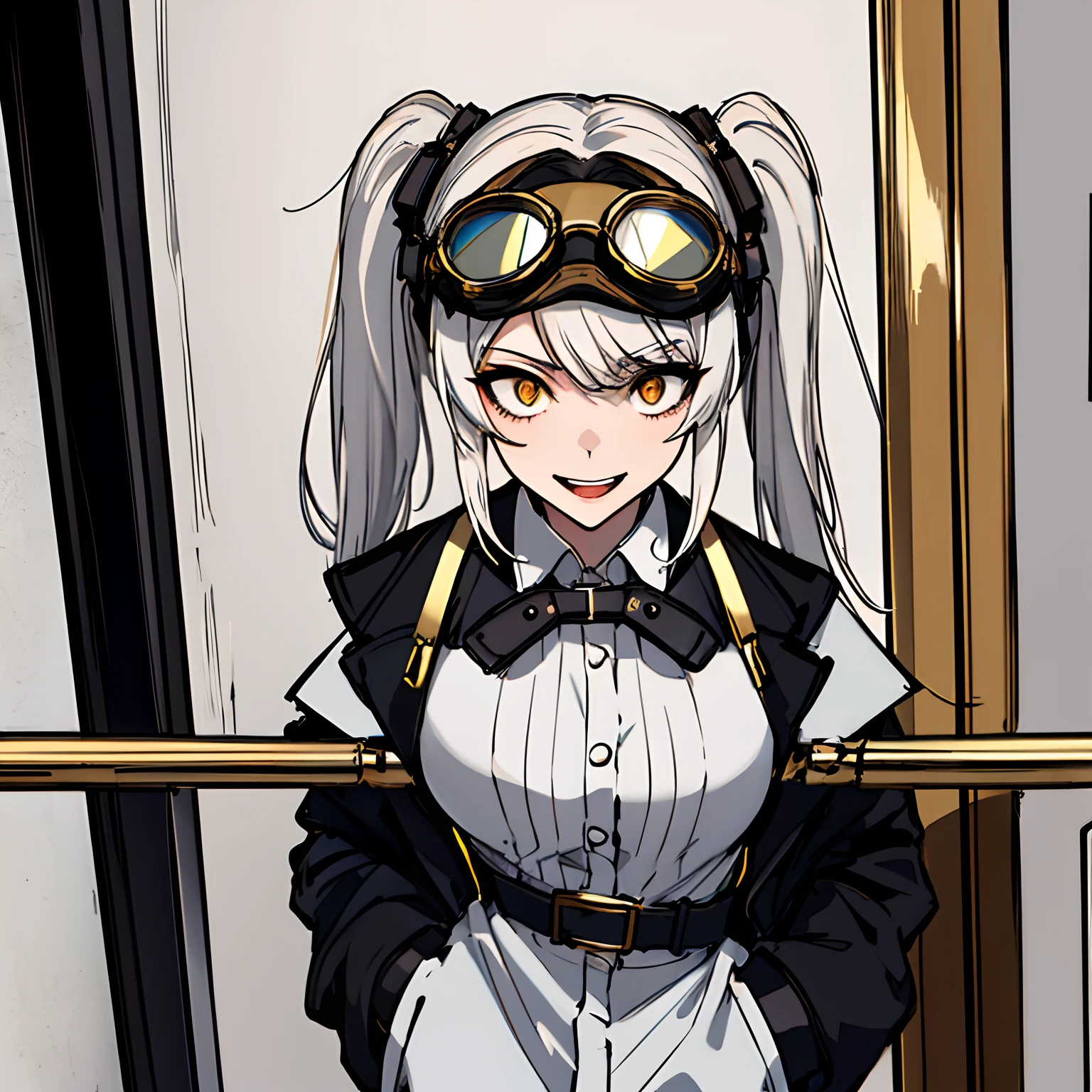 (absurdres, 8k, 4k, masterpiece, hyper extreme detailed:1.2), solo, 1girl, front view, perfect face, 1girl, portrait, expressive eyes, looking at viewer, solo, standing, Female, girl with goggles and a chain around her neck, cyber goggles, victorian goggles, round goggles, goggles, cyberpunk monocle!, goggle eyes, steampunk googles, steampunk goggles, wearing victorian brass goggles, weak, female, small breasts, pale, cream colored hair, long hair, gold eyes, swept bangs, slim, slender, intelligent, genius, mad scientist, twin tails, Inventor, confident, perfect anatomy, futuristic, fingerless gloves, chest harness, pervert, egotistical, half body, lab coat, belts, crazy face, crazy eyes, crazy smile, white room background, 1girl, futuristic, standing, collared labcoat, white shirt, white hair, hands in pockets, leaning against wall, mature, adult, attractive,