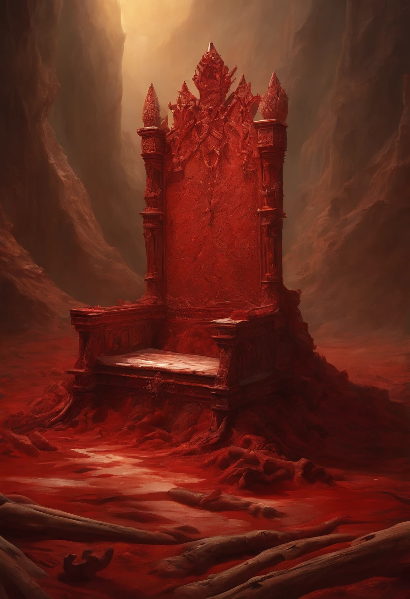 A throne made out of bones, mars landscape, pool of blood, art by Tim Jacobus, oil painting