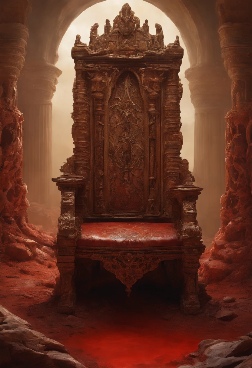 A throne made out of bones, mars landscape, pool of blood, art by Tim Jacobus, oil painting