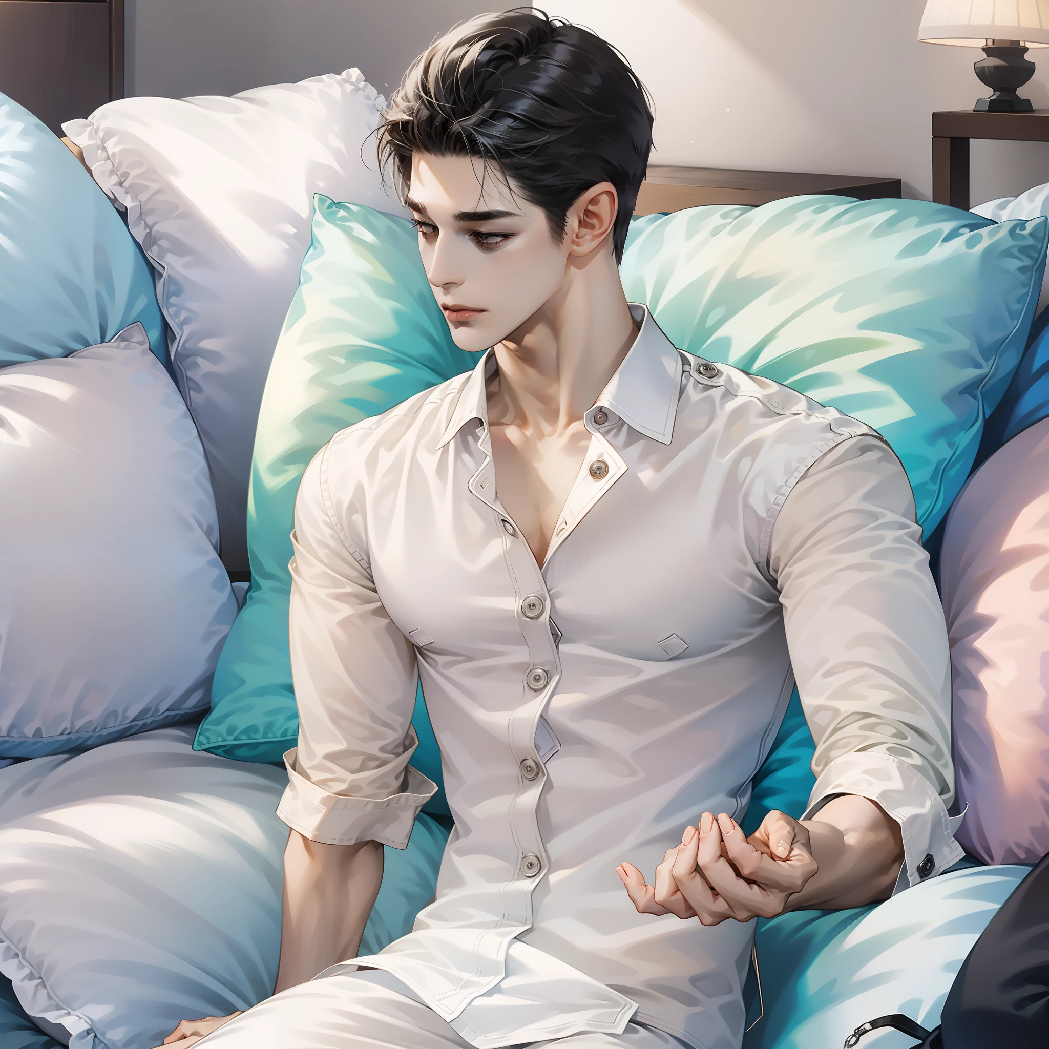 (muscular: 1.1),short black hair,white buttoned pajamas, sitting on bed,soft blanket,scattered pillows,(calming,cozy:0.9) bedroom,soft warm lighting,relaxing atmosphere