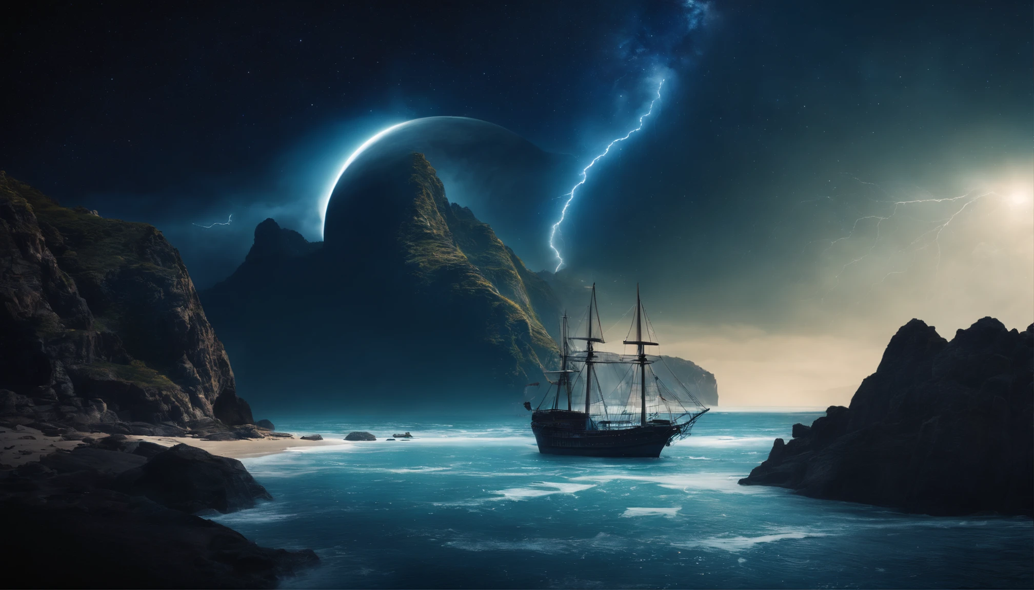 huge planet, the night, hight resolution、Impressive Milky Way:1.9、sand beach、Vast blue ocean、Blue Waves、Crystal clear ripples、Blue glacier、lightning bolt:1.9、Protoplanets、pure beauty、Sail ships