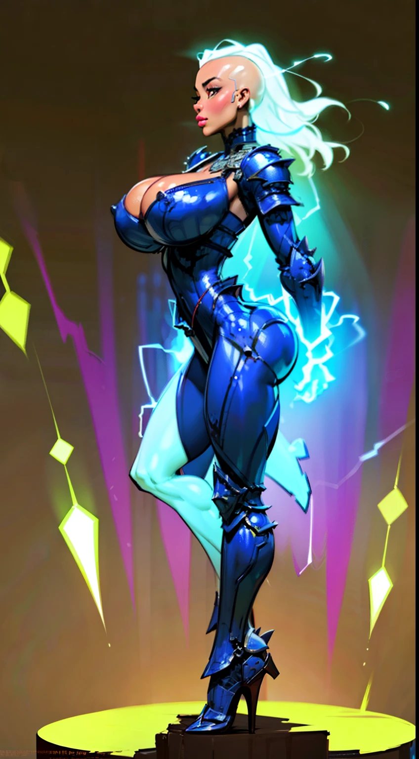8k full body view 1woman, ((woman has no face, ((body made of glowing energy:1.5)) (no face:1.5), glowing skin, (energy skin:1.5), (bald woman:1.4), (skinhead) ((stands confident)), ((gigantic breasts:1.5)) ((side view)), (glowing energy armor:1.5)highly detailed, majestic, digital photography, art by artgerm and ruan jia and greg rutkowski, light chest hair, (masterpiece, sidelighting, intricate details