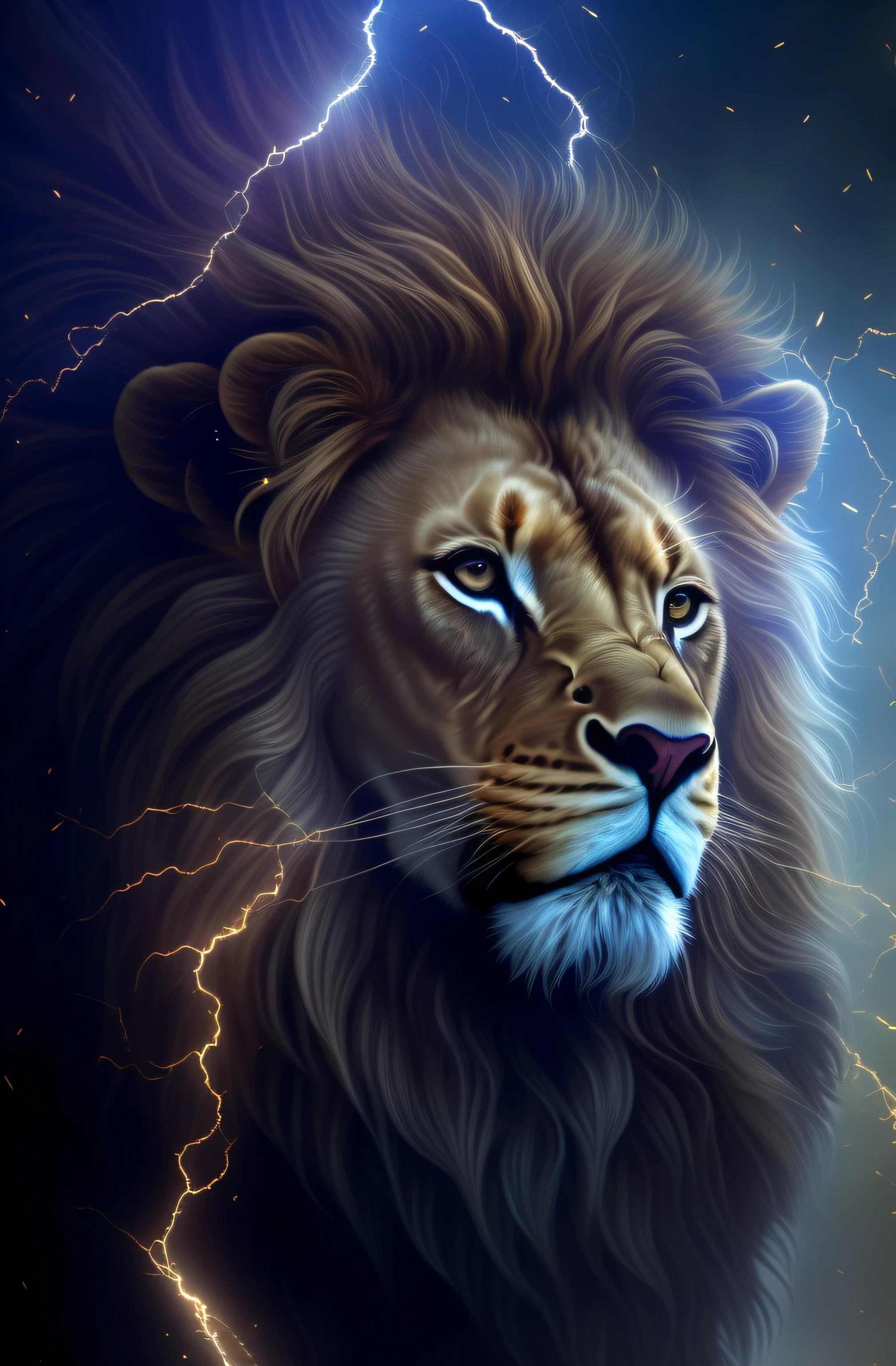 Painting of a lion with a lightning bolt in the background, Lion, lion warrior, Aslan the Lion, Rei da selva, with the mane of a lion, lion head, awesome art, half lion, paper awesome wallpaper, the mane of a lion, Arte digital alucinante, realistic illustration, lion mane, epic digital art illustration, Senhor da Selva