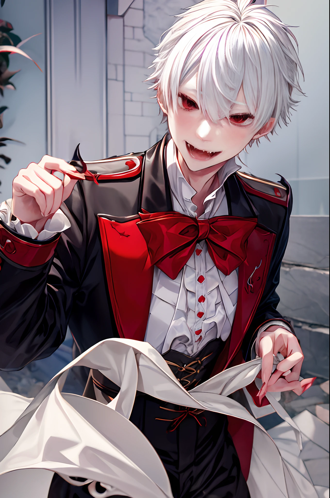 Litter is、Litter is、Nijisanji、Nijisanji、Vampire Photos、​masterpiece、4K works、man with white hair、Vampire Man、((Solo Photography))、((Only 1 person))、Vampire costume、Fangs grow