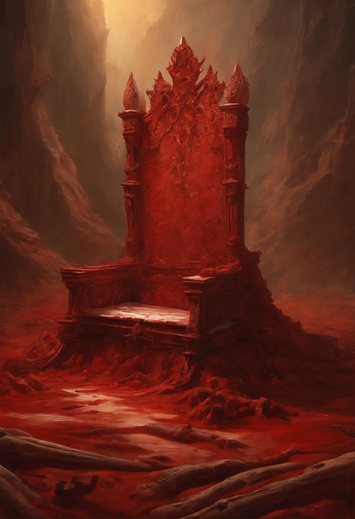 A throne made out of bones, mars landscape, pool of blood, art by Tim Jacobus, oil painting