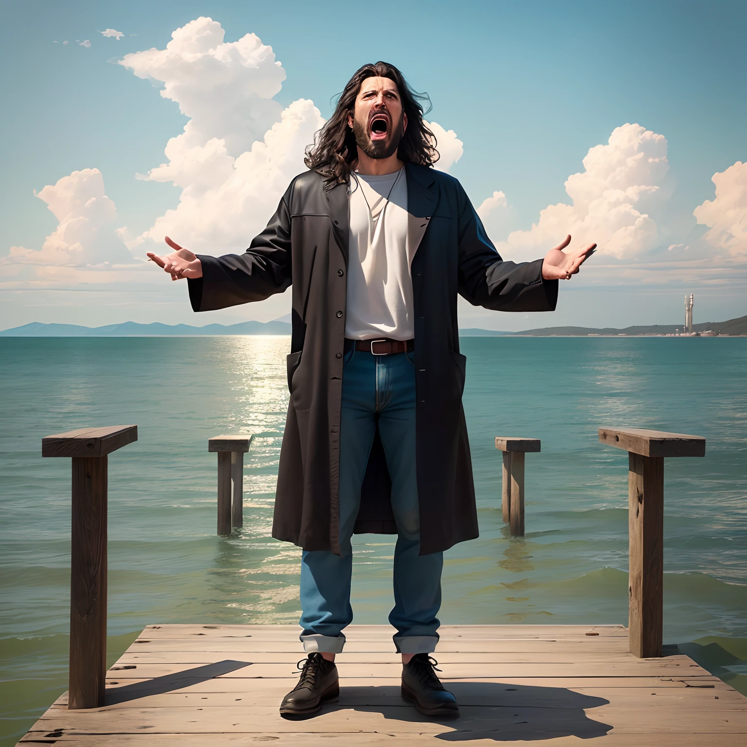 a man standing on top of a pier next to a body of water, inspired by Michal Karcz, unsplash, hyperrealism, with subtitles, he is screaming, tv commercial, jesus, large and in charge, screenshot from a movie, national geographic channel, heavy exaggerated proportions, hziulquoigmnzhah, life size, hbo adaptation, praised