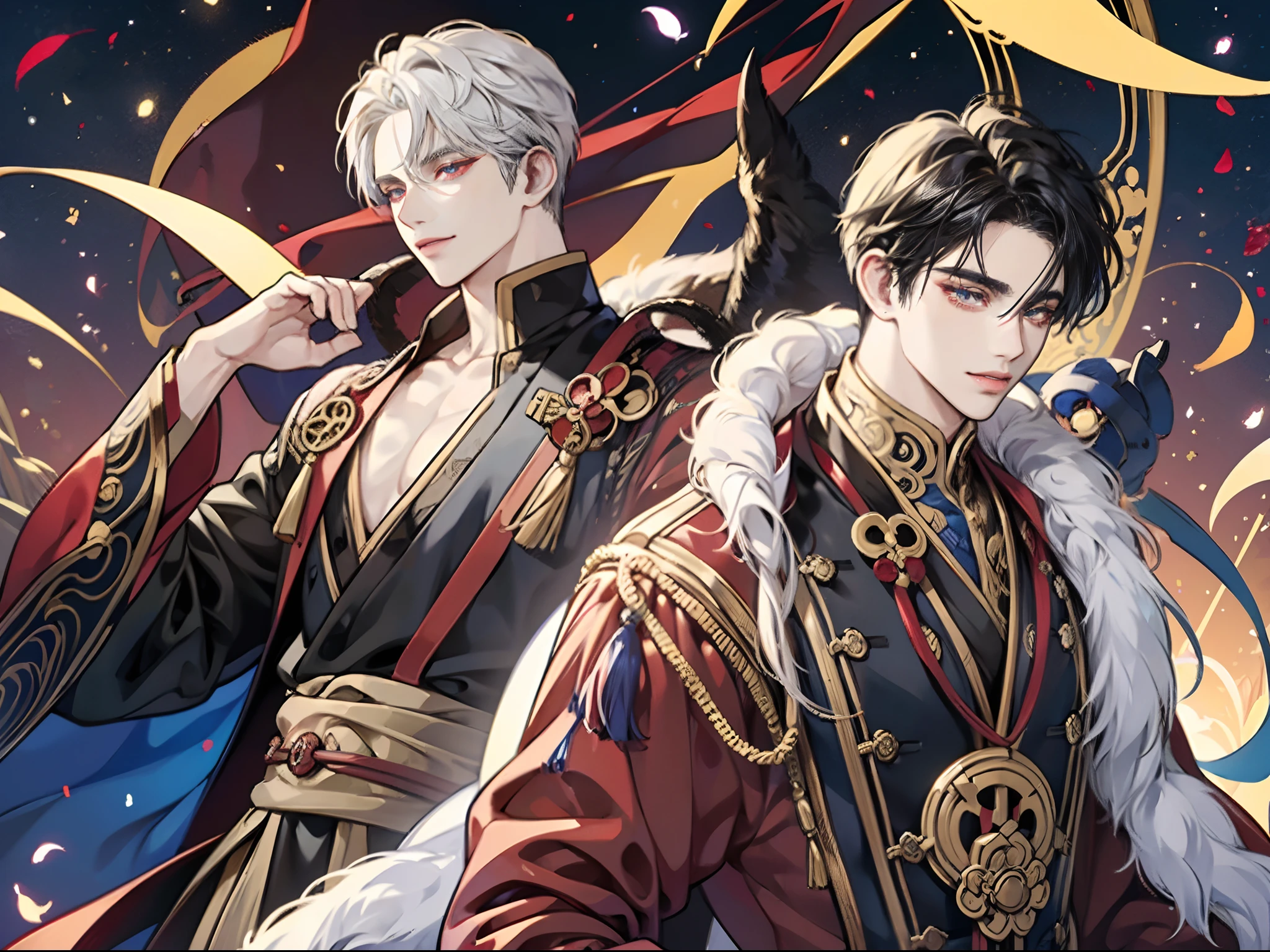 colorful, masterpiece, high quality, sharped, auto focus, looking at another, ((2male)),( gay male,yaoi male), handsome brothers,( hollow eyes), ruby shaped pupils, glowing eyes, evil smile, male face,male hair, hair over eyes,(Onmyoji's Clothing), cinematic,dynamic pose