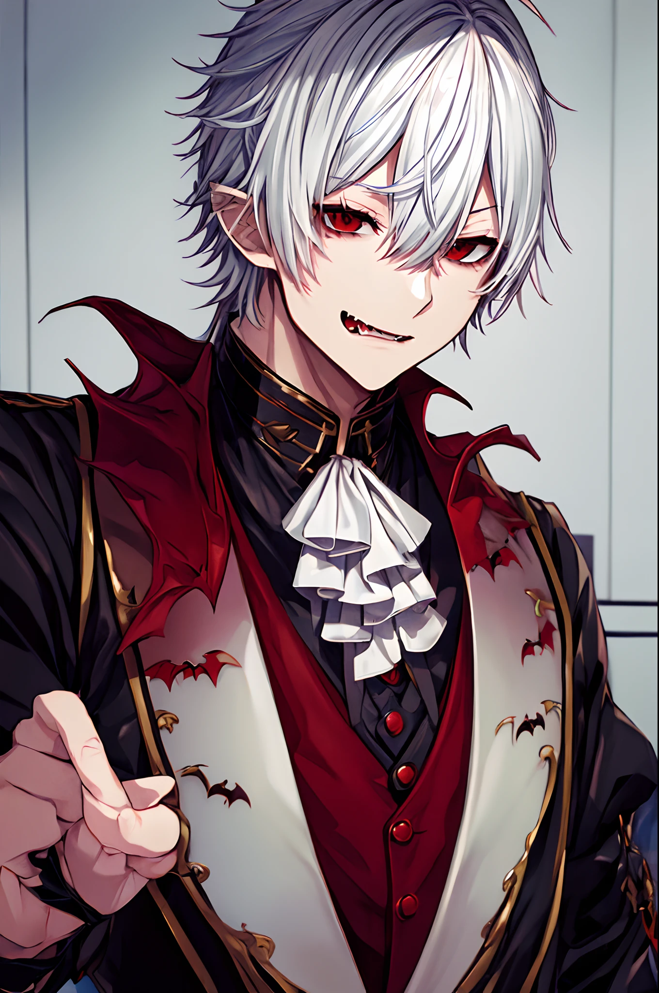 ((Kuzuha))、Nijisanji、Nijisanji、Vampire Photos、​masterpiece、4K works、man with white hair、Vampire Man、((Solo Photography))、((Only 1 person))、Vampire costume、Fangs grow