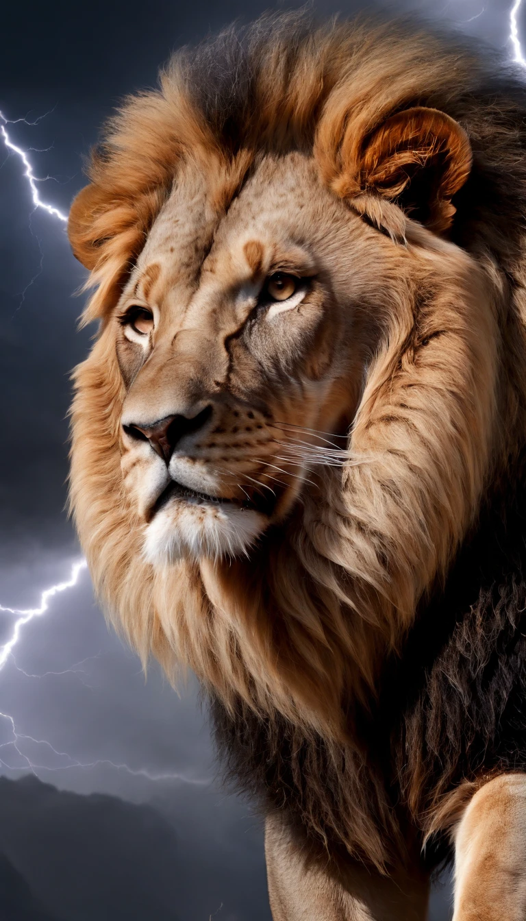 Painting of a lion with a lightning bolt in the background, Lion, lion warrior, Aslan the Lion, Rei da selva, with the mane of a lion, lion head, awesome art, half lion, paper awesome wallpaper, the mane of a lion, Arte digital alucinante, realistic illustration, lion mane, epic digital art illustration, Senhor da Selva