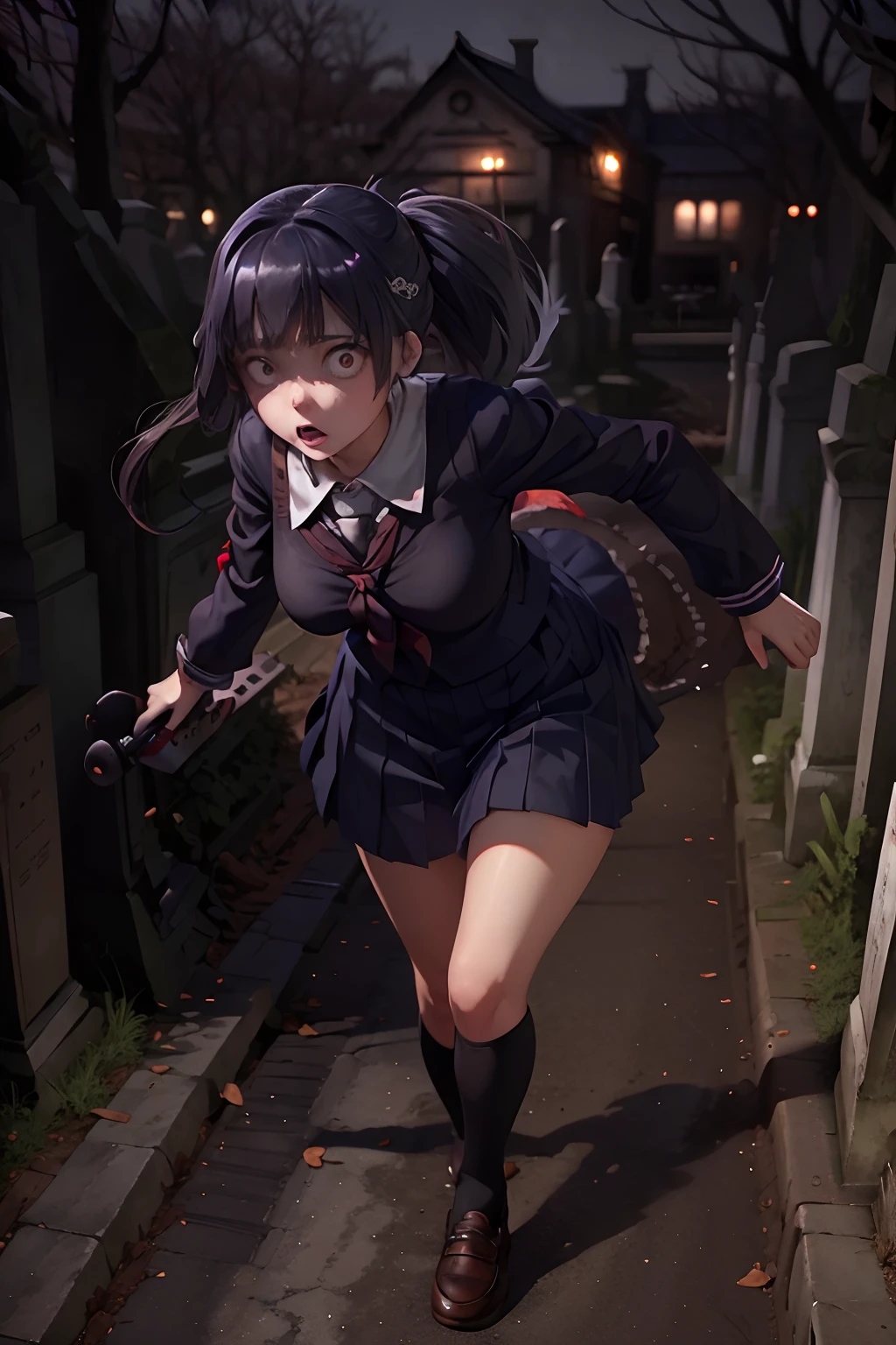 Beautiful creepy young woman (schoolgirl yandere), (British Style Japanese School uniform), creepy red eyes, running through a creepy cemetery with her pet. (dogs)