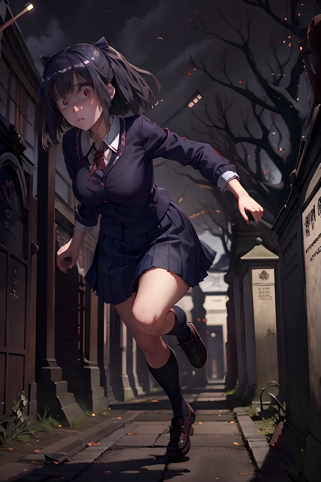 Beautiful creepy young woman (schoolgirl yandere), (British Style Japanese School uniform), creepy red eyes, running through a creepy cemetery with her pet. (dogs)