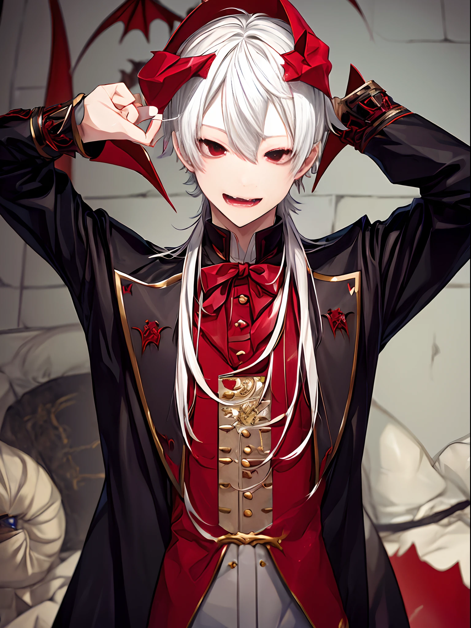 ((Kuzuha))、Nijisanji、Nijisanji、Vampire Photos、​masterpiece、4K works、man with white hair、Vampire Man、((Solo Photography))、((Only 1 person))、Vampire costume、Fangs grow