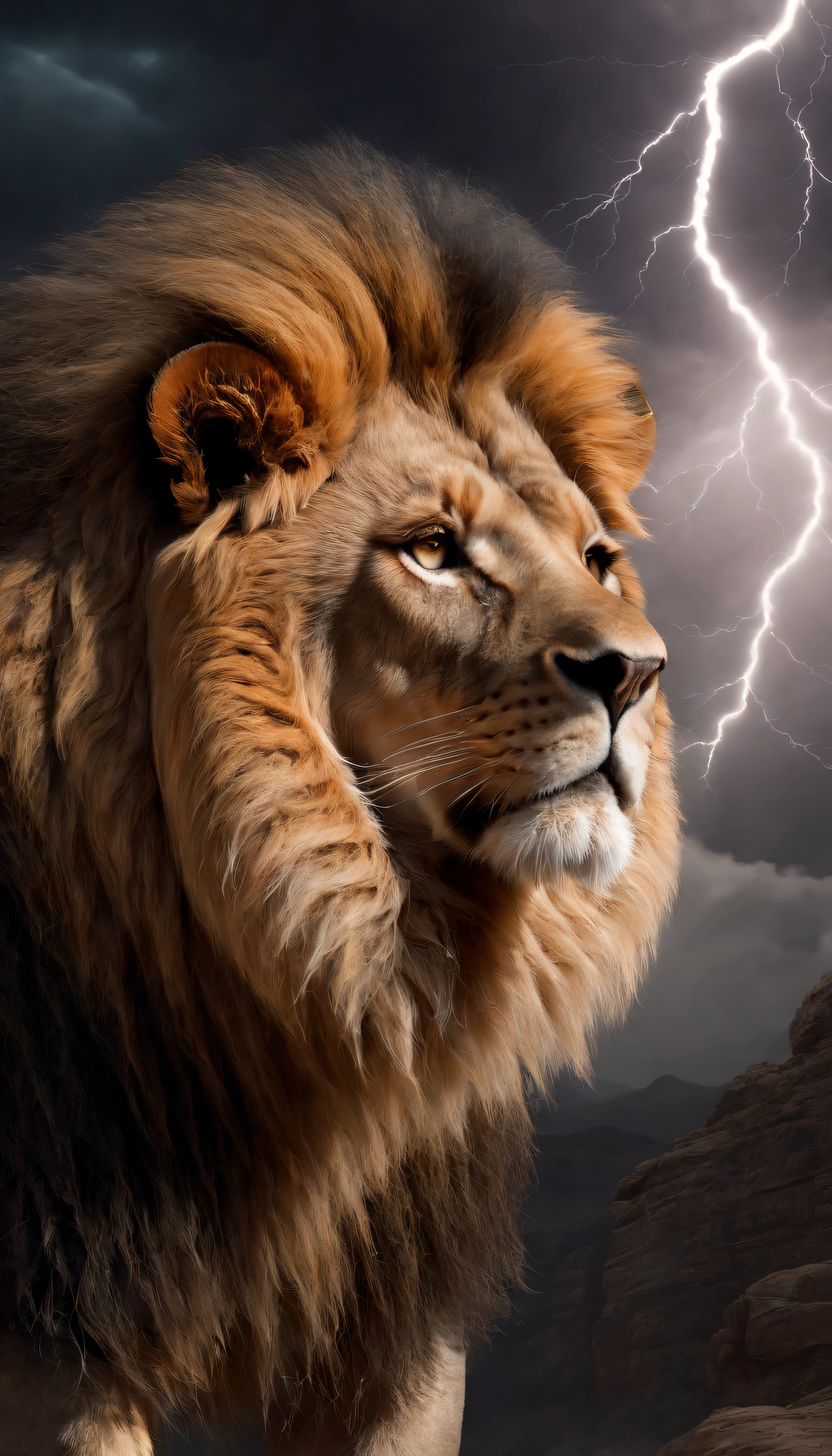 Painting of a lion with a lightning bolt in the background, Lion, lion warrior, Aslan the Lion, Rei da selva, with the mane of a lion, lion head, awesome art, half lion, paper awesome wallpaper, the mane of a lion, Arte digital alucinante, realistic illustration, lion mane, epic digital art illustration, Senhor da Selva