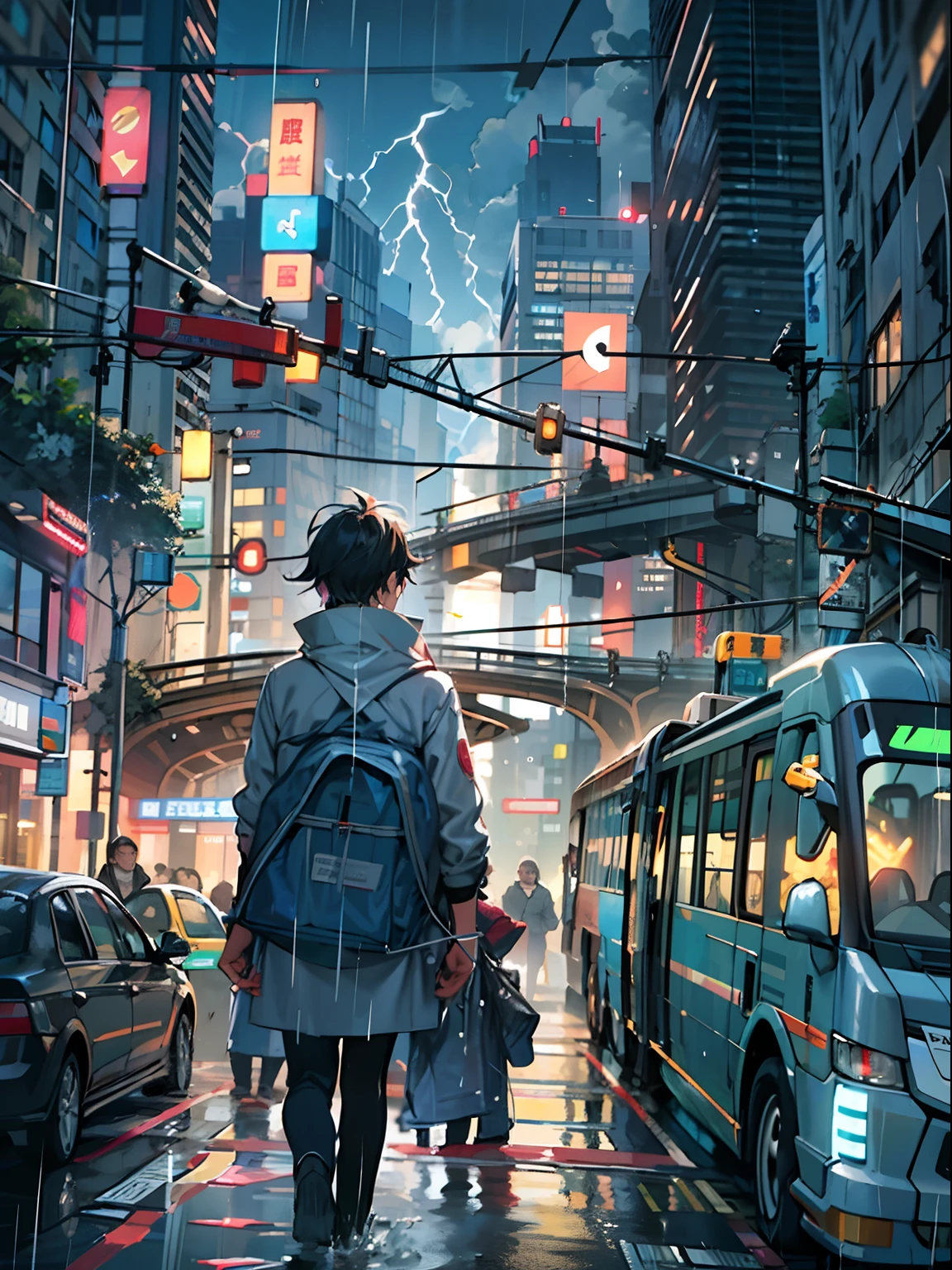 1boy,a 13 yo boy、Wet body、Cyberpunk Boy、The beginning of the adventure、(drenching:2)、(Lightning:1.5)、Lots of clouds,heavy fog、Fog,Chaotic city of the future、Movie dystopia、A group of very tall skyscrapers stands in the center、Very complex cityscape,Crowded Chinese skyscrapers、street signs、streetlights、taxis、buses、Train、Blue lighting,Dark road、Lots of puddles、Chaotic、Beautiful and fantastic scenery、Cinematic scenery、hightquality、masutepiece,in 8K、hight resolution、