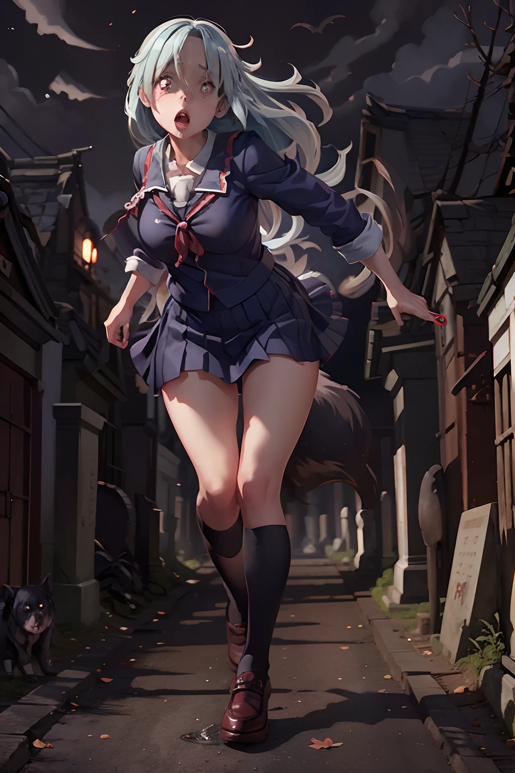 Beautiful creepy young woman, Ronko Otohime (schoolgirl yandere), (British Style Japanese School uniform), creepy red eyes, running through a creepy cemetery with her pet. (dogs)