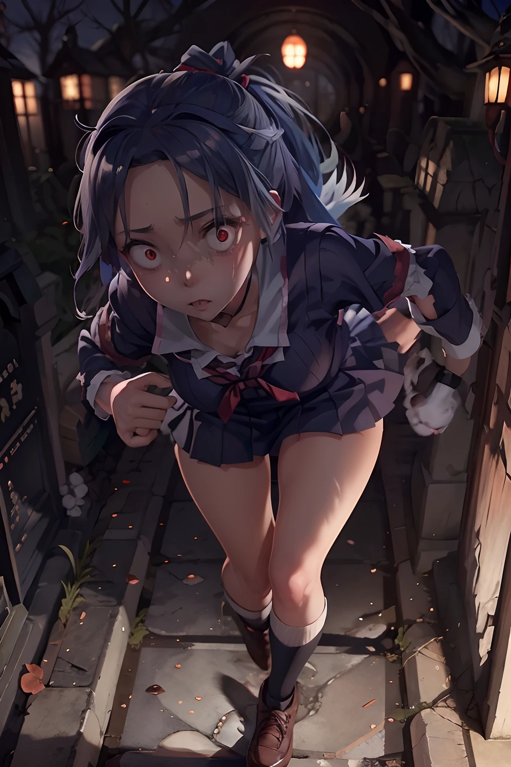 Beautiful creepy young woman, Ronko Otohime (schoolgirl yandere), (British Style Japanese School uniform), creepy red eyes, running through a creepy cemetery with her pet. (dogs)