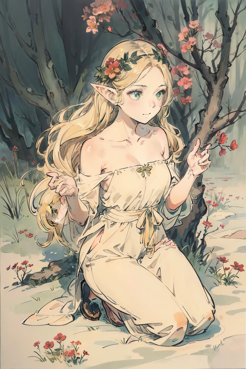 SFW,masutepiece, Best Quality, High resolution, 1girl in, Full body, Details Girl, detail hands, Detail fingers, Detail Face, detail legs, 1girl in, elf, Looking down, Flower Garden, Black sky, smog, watercolor paiting, pale skin, Petite, Blonde hair, Long hair, Wavy Hair, saddened, mournful smile, Green eyes, tareme, medium breasts, white sundress, Bare back, Kneeling, Planting trees