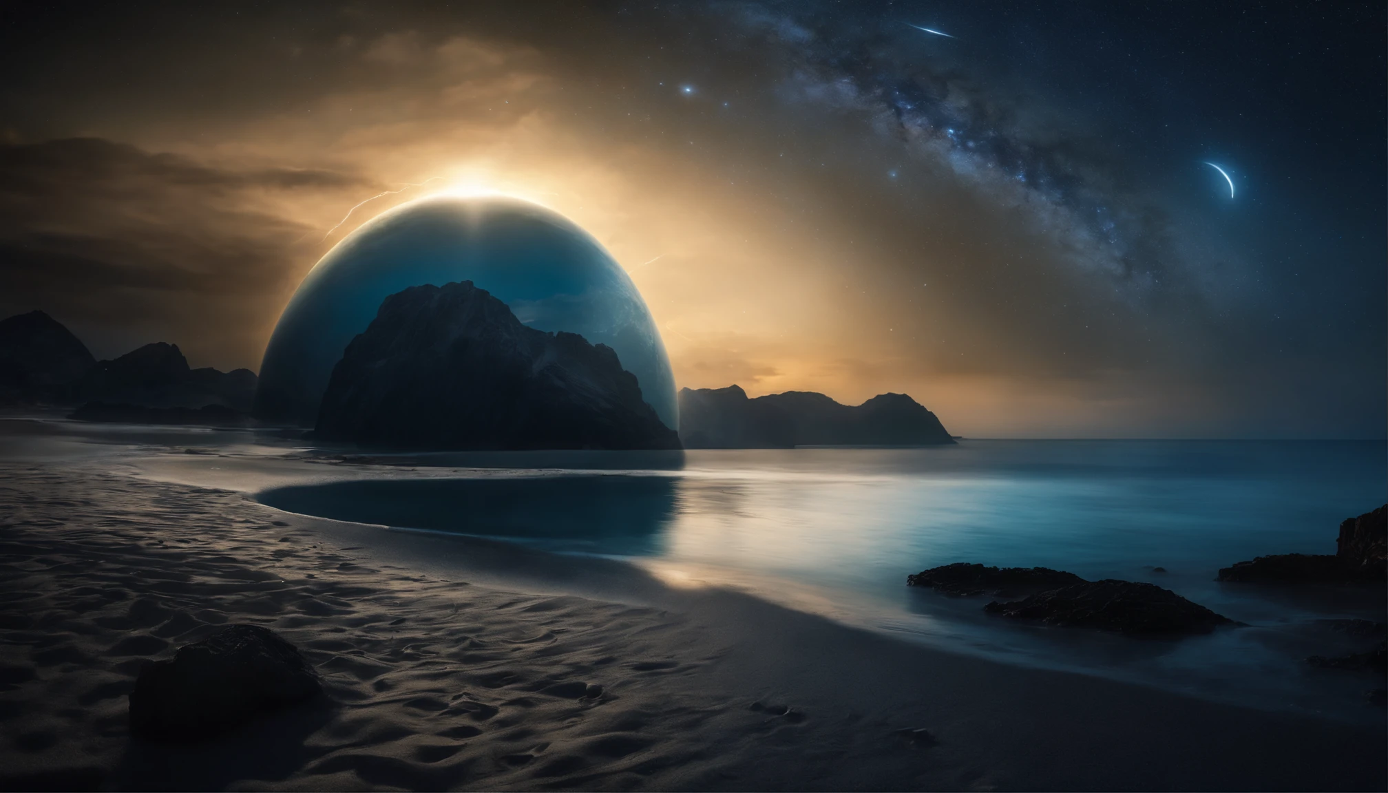 huge planet, the night, hight resolution、Impressive Milky Way:1.9、sand beach、Vast blue ocean、Blue Waves、Crystal clear ripples、Blue glacier、lightning bolt:1.9、Protoplanets、pure beauty、Sail ships