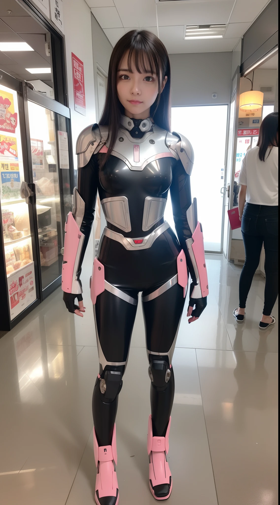 Cyborg, Pink, Silver, Metallic, Robot Parts, Metal Parts, Super Detailed Face, Super Trimmed Face, Top Quality, Small Face, Full Body, Standing, Black Hair, Thin, Camera Gaze, Internal Mecha Exposure, Idol, Live Action,, 8 Head Body, Gravure, Photo Session, Akihabara, Moe Pose, Frontal, Model Body Type, Sad, Embarrassing