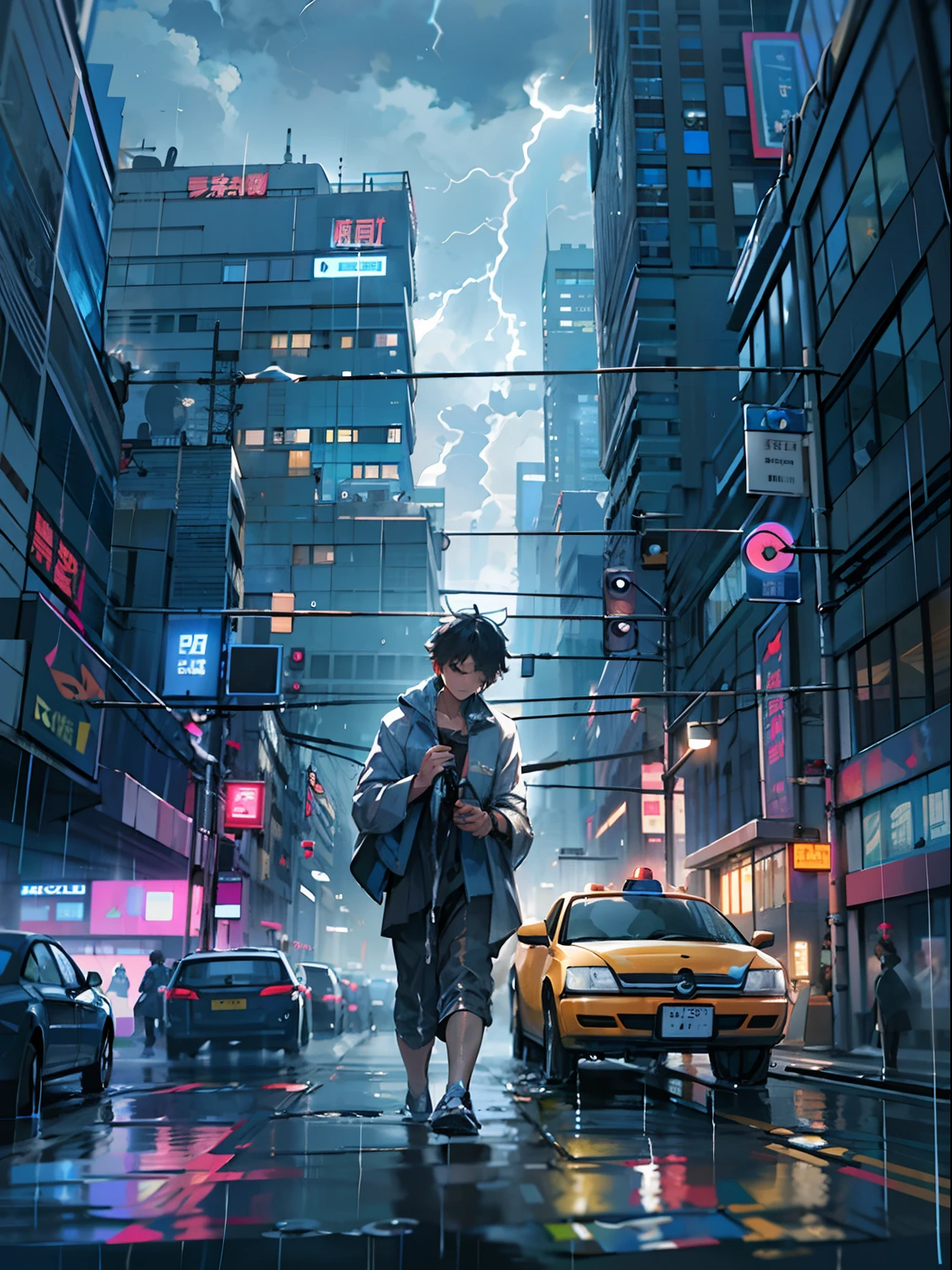 1boy, boy、Wet body、Cyberpunk Boy、The beginning of the adventure、(drenching:2)、(Lightning:1.5)、Lots of clouds,heavy fog、Fog,Chaotic city of the future、Movie dystopia、A group of very tall skyscrapers stands in the center、Very complex cityscape,Crowded Chinese skyscrapers、street signs、streetlights、taxis、buses、Train、Blue lighting,Dark road、Lots of puddles、Chaotic、Beautiful and fantastic scenery、Cinematic scenery、hightquality、masutepiece,in 8K、hight resolution、