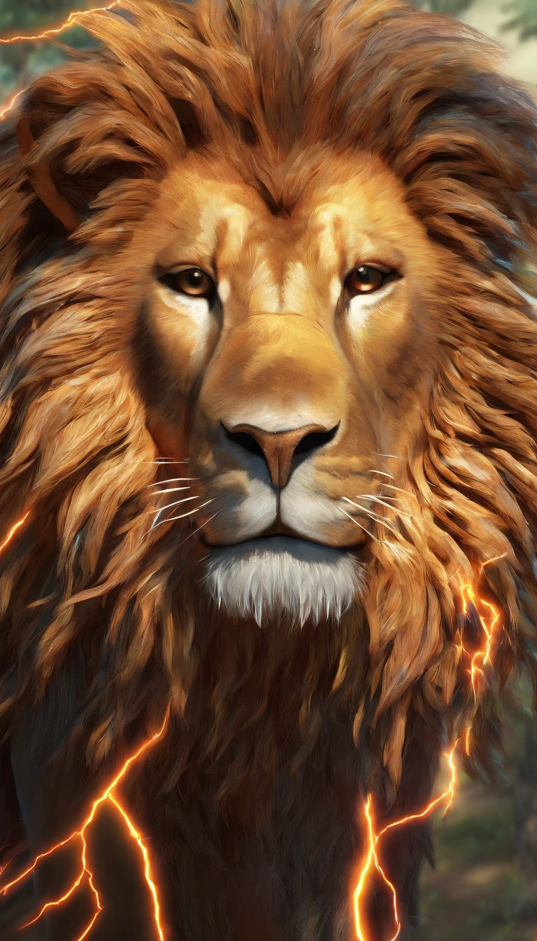 Painting of a lion with a lightning bolt in the background, Lion, lion warrior, Aslan the Lion, Rei da selva, with the mane of a lion, lion head, awesome art, half lion, paper awesome wallpaper, the mane of a lion, Arte digital alucinante, realistic illustration, lion mane, epic digital art illustration, Senhor da Selva