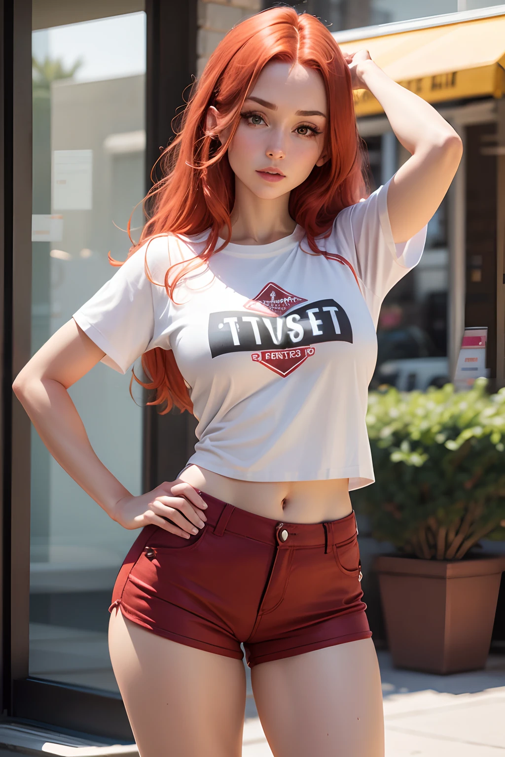 Kazakh women ,bimbo,chubby cheeks,enlarged lips,gigantic lips, big green eyes,Huge silicone ,narrow waist,gigantic ass,bubble butt,huge round ass,wide hips,thick thighs,long legs,long straight hair redhead ,smeared makeup,(clothes:cowboy checkered red shirt,shorts white,necklace,earrings,high knee socks black with strip,high heels),long fingernails,manicure,(orgasm face),(face of ecstasy),(high quality),(hyper realistic),( realism),(8K,UHD),tattoo long sleeve arms,tattoo shoulders,tattoo stomach,tattoo throat ,tattoo legs,wide claves,(sexy pose,standing ),side view,looking at camera,(sluty makeup),((masterpiece)),(role model: grunge girl ),((detailed face)),solo,pumped ass,perfect women,very tan skin,wet chest,wet ass,(location:sofa)