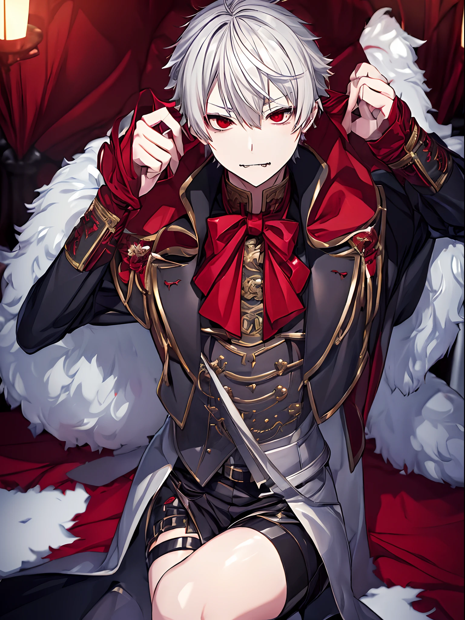 ((Kuzuha))、((Nijisanji no Kuzuha))、Nijisanji、Vampire Photos、​masterpiece、4K works、Short-haired man with gray hair、Vampire Man、((Solo Photography))、((Only 1 person))、Vampire costume、Fangs grow、Beautiful anime works、Slim body