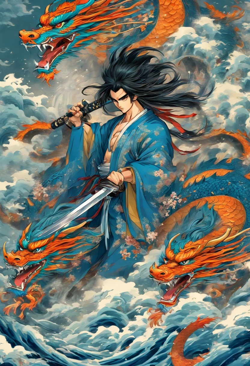 Man Blue and white clothes, Long black hair, dragon, cutting off the dragon's head, beheading, killing the dragon, Samurai Sword, Samurai, Katana sword, Chinese dragon, Shui Mo Hua, lotuses, Chinese painting style, Thangka style