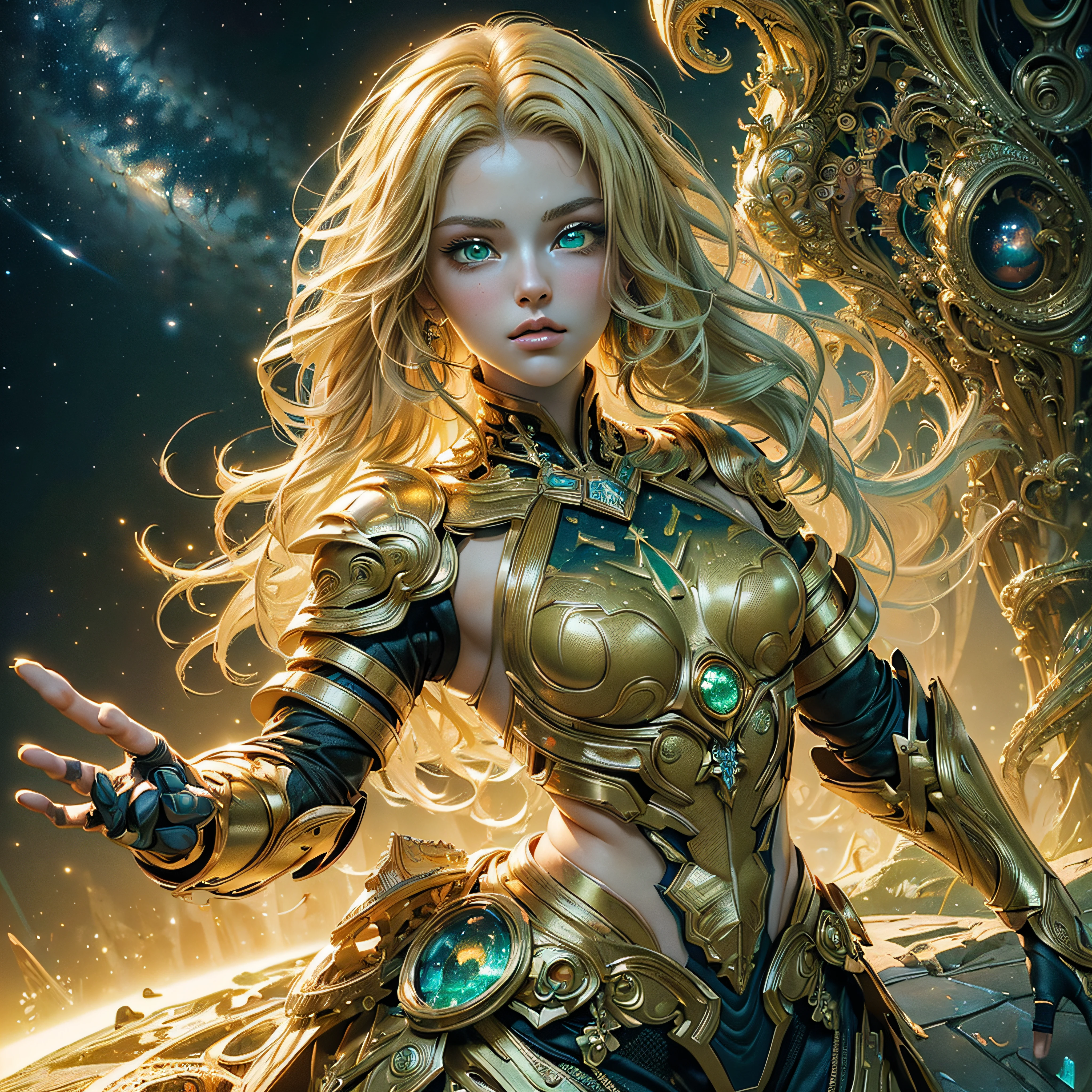 ((masterpiece, 8k, ultra, full shot body, quality, official art, beautiful and aesthetic:1.2), (1girl), (entire figure), golden armor, extreme detailed, (fractal art:1.3), cosmic elements, colorful, highest detailed, (green eyes, blonde hair)