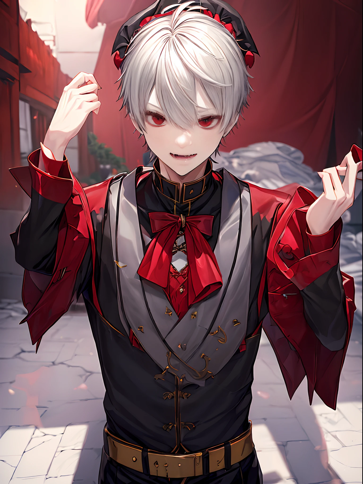 ((Kuzuha))、((Nijisanji Kuzuha))、Nijisanji、Vampire Photos、​masterpiece、4K works、Short-haired man with gray hair、Vampire Man、((Solo Photography))、((Only 1 person))、Vampire costume、Fangs grow、Beautiful anime works、animesque