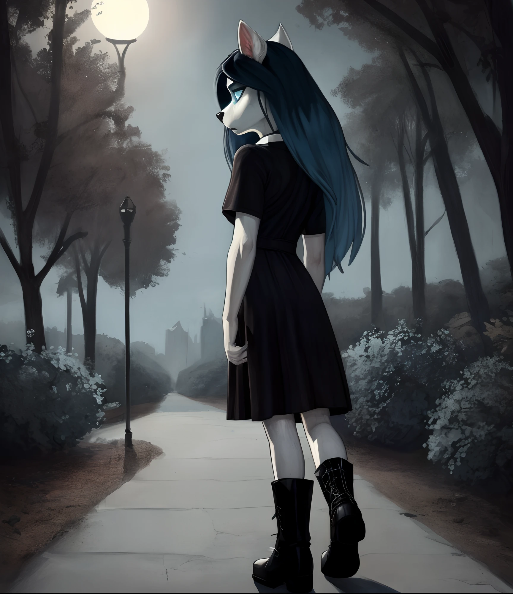 [Claire (the summoning)], [Uploaded to e621.net; (Pixelsketcher), (wamudraws)], ((masterpiece)), ((solo portrait)), ((back view)), ((full body)), ((furry; anthro)), ((detailed fur)), ((cel shading)), ((detailed shading)), ((beautiful render art)), {anthro, white fur, black nose, long blue hair, glowing blue slit eyes, (expressionless), (hair flowing in wind), (dress flowing in wind)}, {(short short-sleeve white-collared black dress), (goth boots)}, {(standing), (hands at sides), (looking back)}, [background; (park), (windy), (nighttime lighting)]