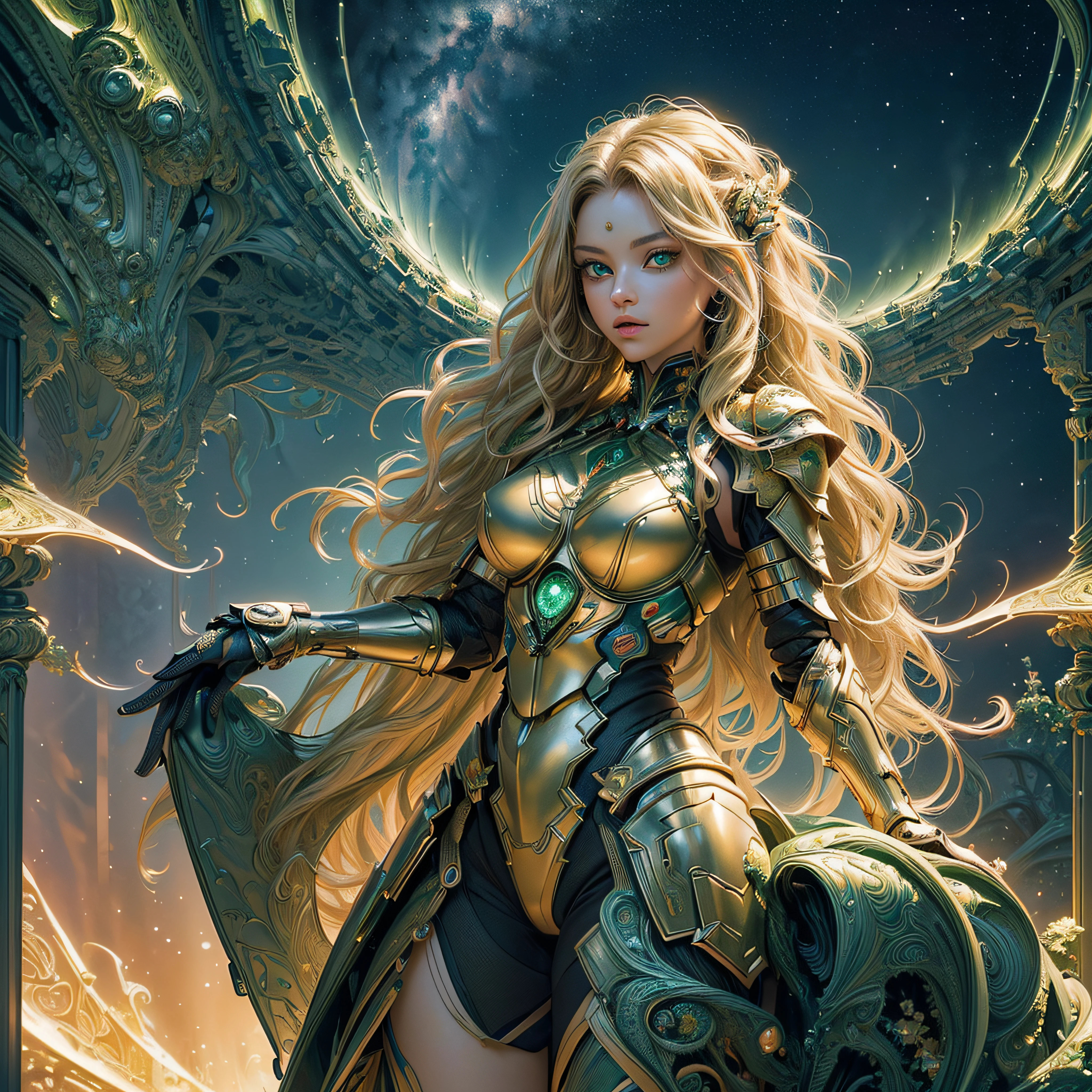 Epic Beautiful painting of Michelle Pfeiffer as perfect gorgeous female warrior, shapeless long fullbody, perfect features, (wearing extremely baroque armor Chainmail_Armor), abstract beauty, near perfection, pure form, dynamic pose, ethereal background, (deep dark shadows), (strong cinematic lighting), (back lighting), concept art by Greg Rutkowski and John William Waterhouse and Alphonse Mucha, stunning details, intricate details, hyper post-production, ultra High resolution, super high details, trending on ArtStation, ultra sharp focus, depth of field f/1.8, studio photos, (((looking at camera))). varies multi etc. --v 6 --s 1000 --c 20 --q 20 --chaos 100